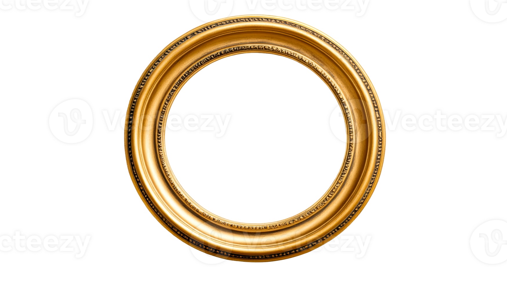 Ornate gilded frame for photos and art, circular shape, cut out transparent png