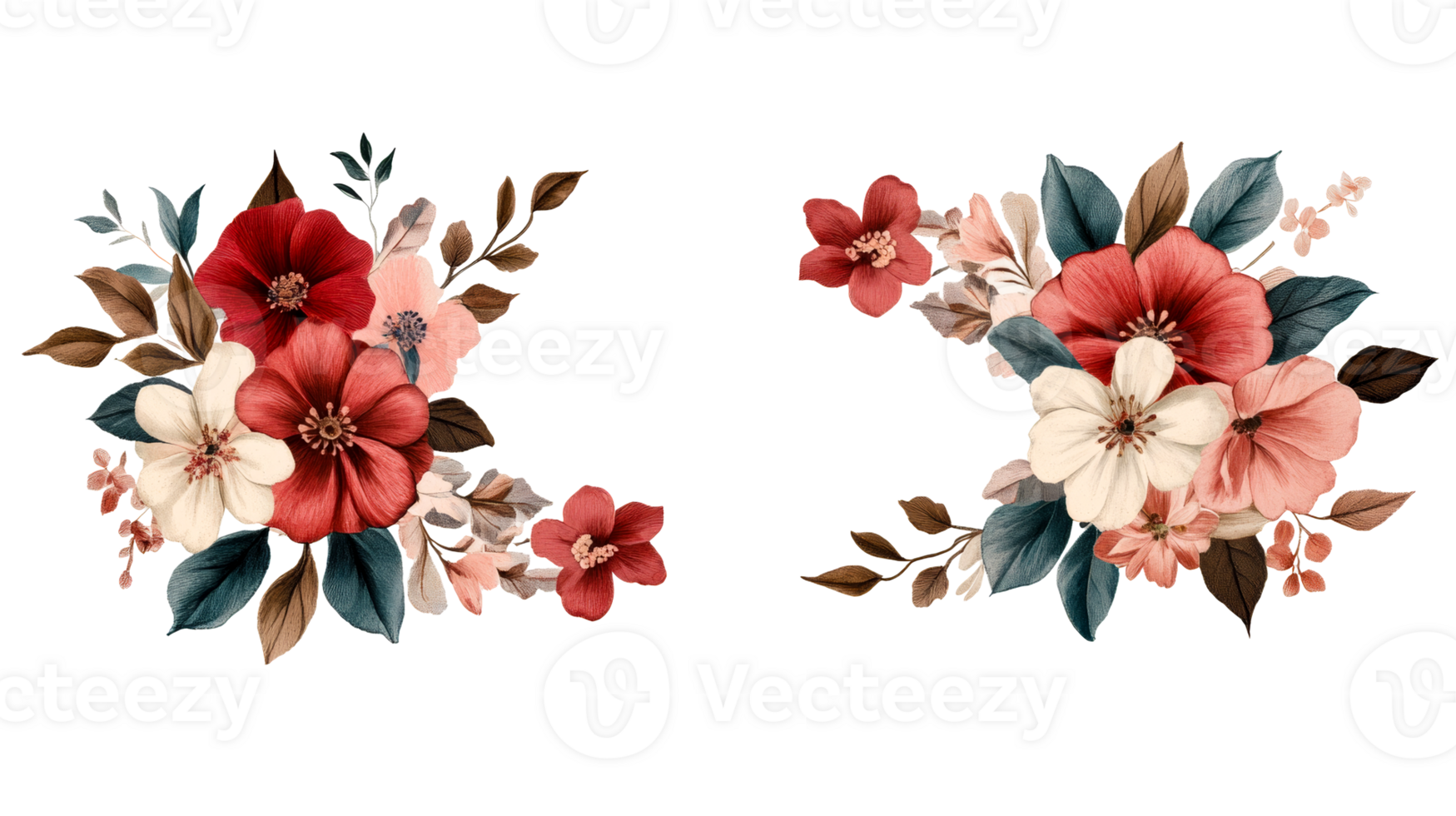 Floral frame decoration with red and white flowers, cut out transparent png