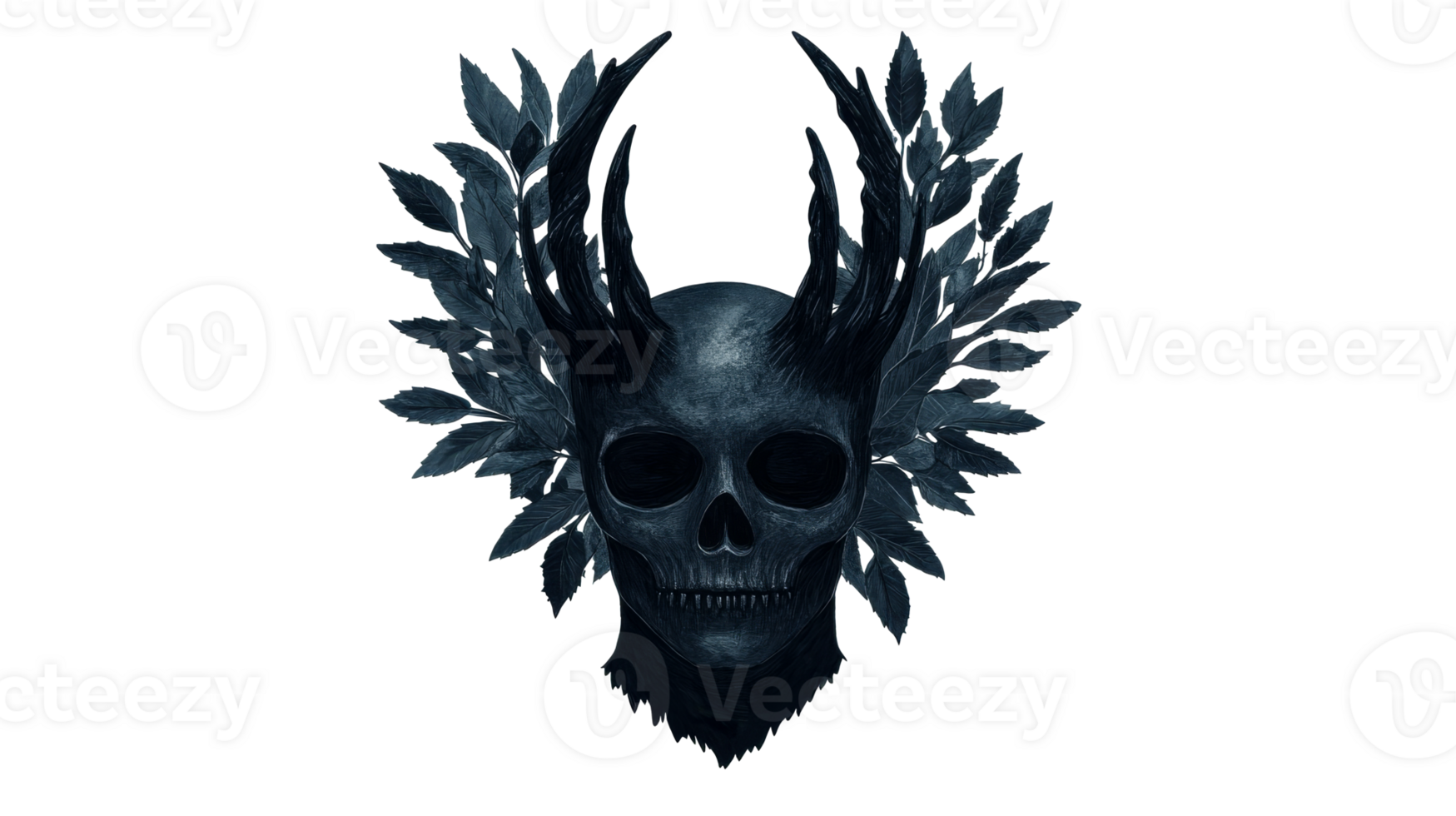 Skull with horns and leaves wreath, dark fantasy art, cut out transparent png