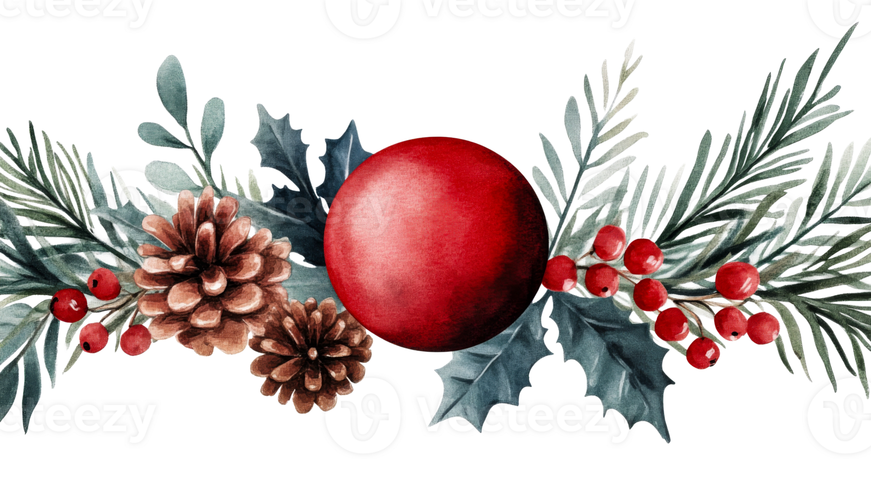 Watercolor festive arrangement with decorations, cut out transparent png