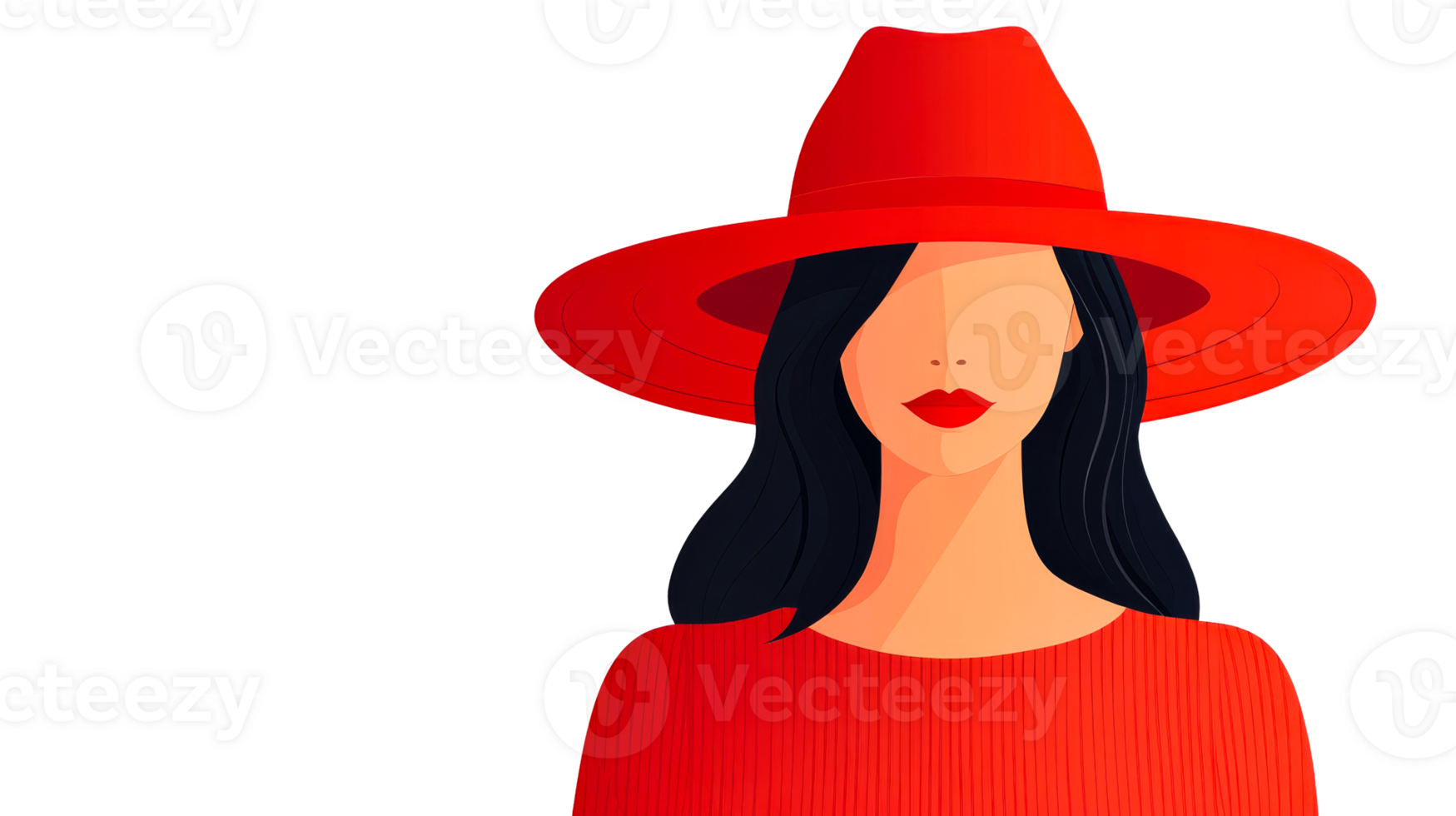 Stylish woman in a red hat and dress, fashion portrait ,cut out transparent png