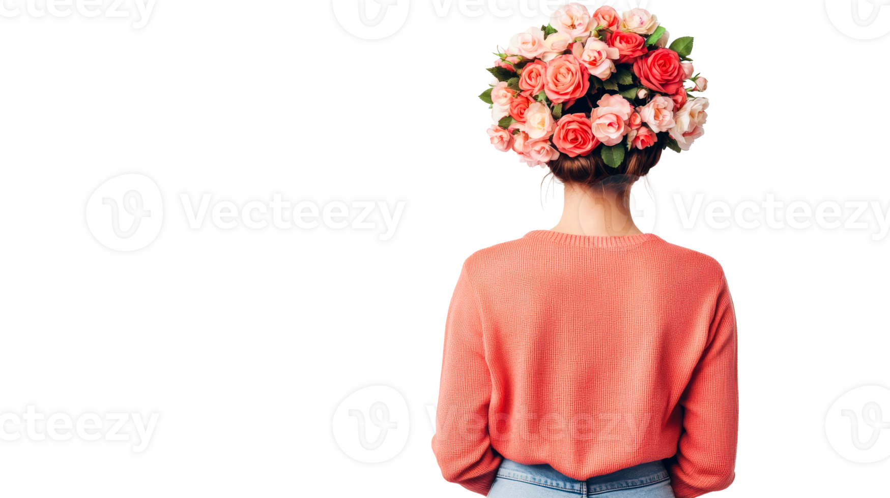 Back view woman wearing flower headpiece in coral sweater, cut out transparent png