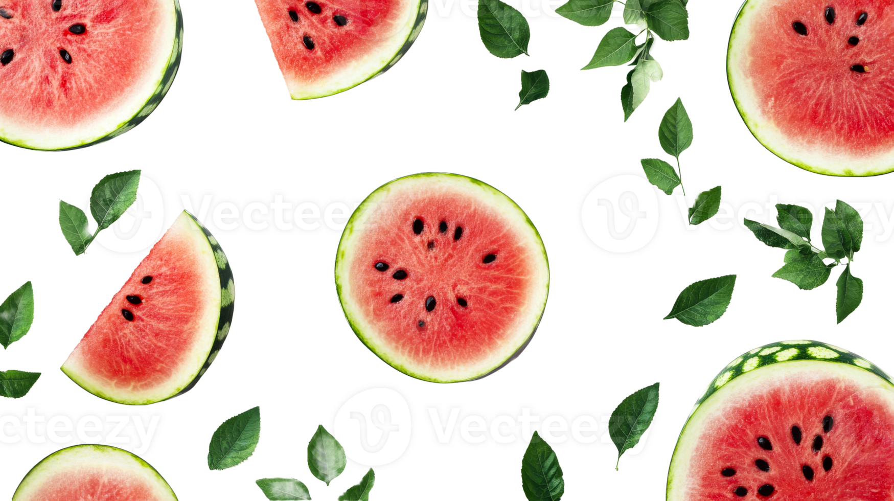 Slices of Watermelon with Seeds and Leaves, cut out transparent png