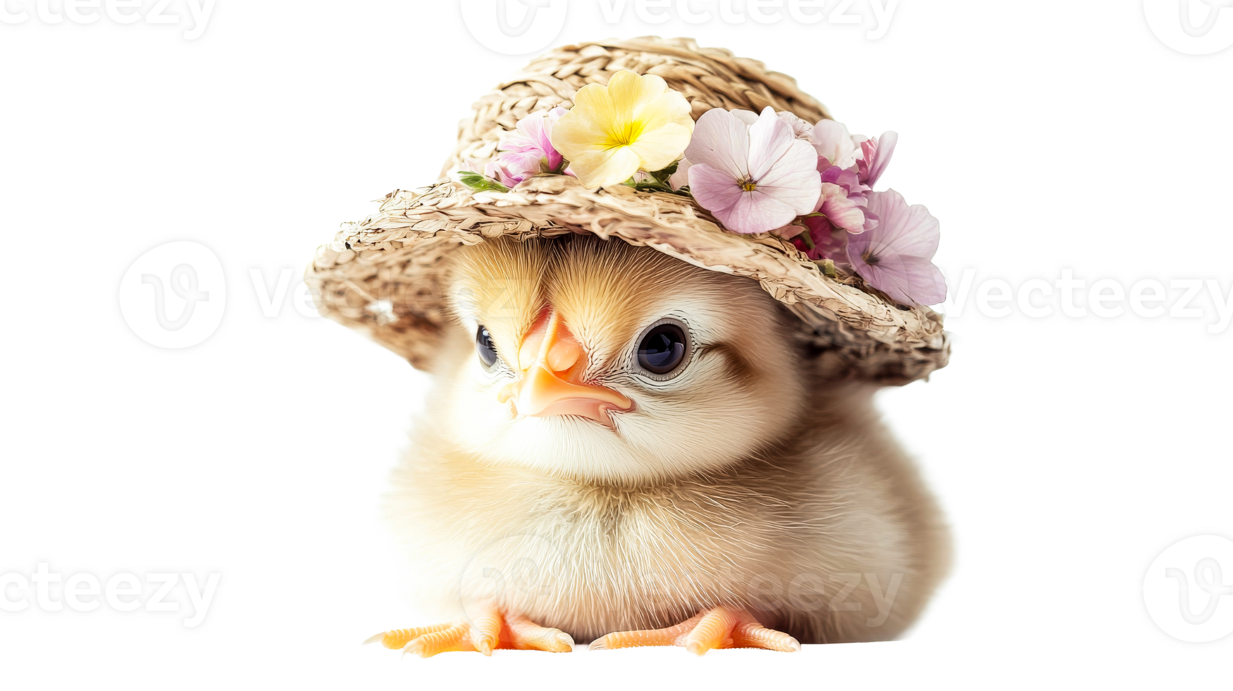 Charming chick in straw hat adorned with flowers, cut out transparent png