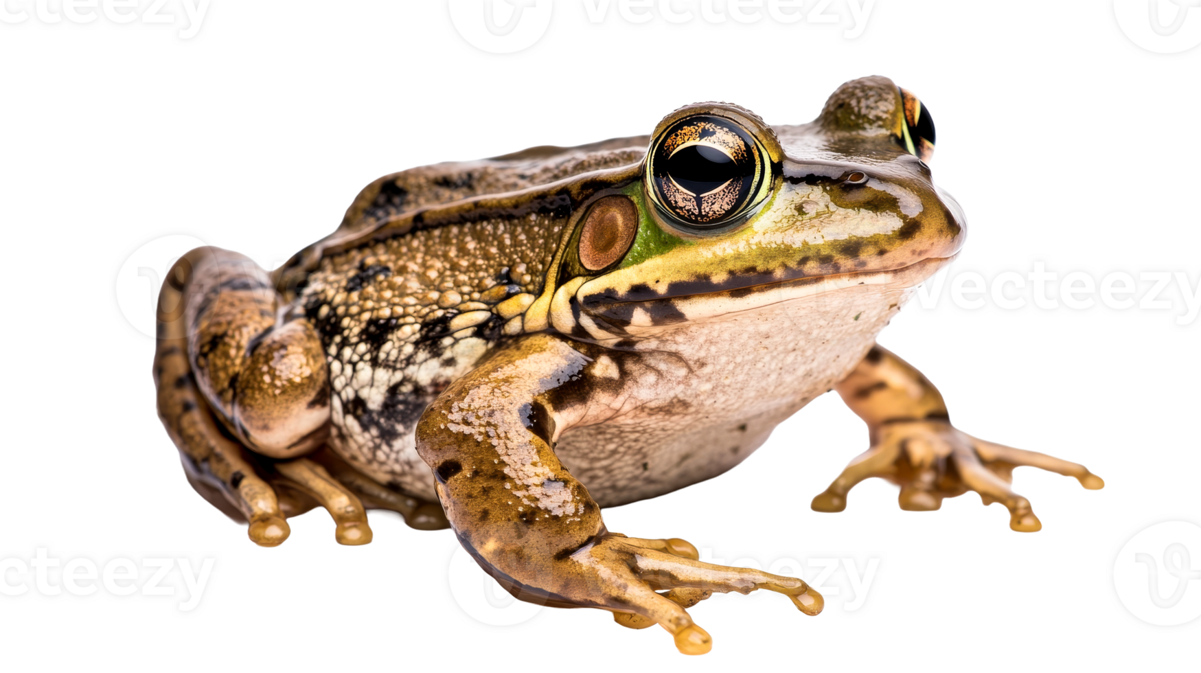 Close-up of an aquatic frog with golden eyes, cut out transparent png