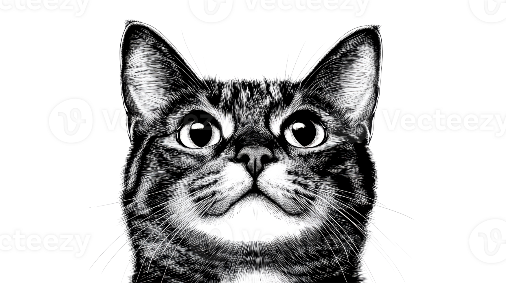 Detailed drawing of adorable cat with expressive eyes, cut out transparent png