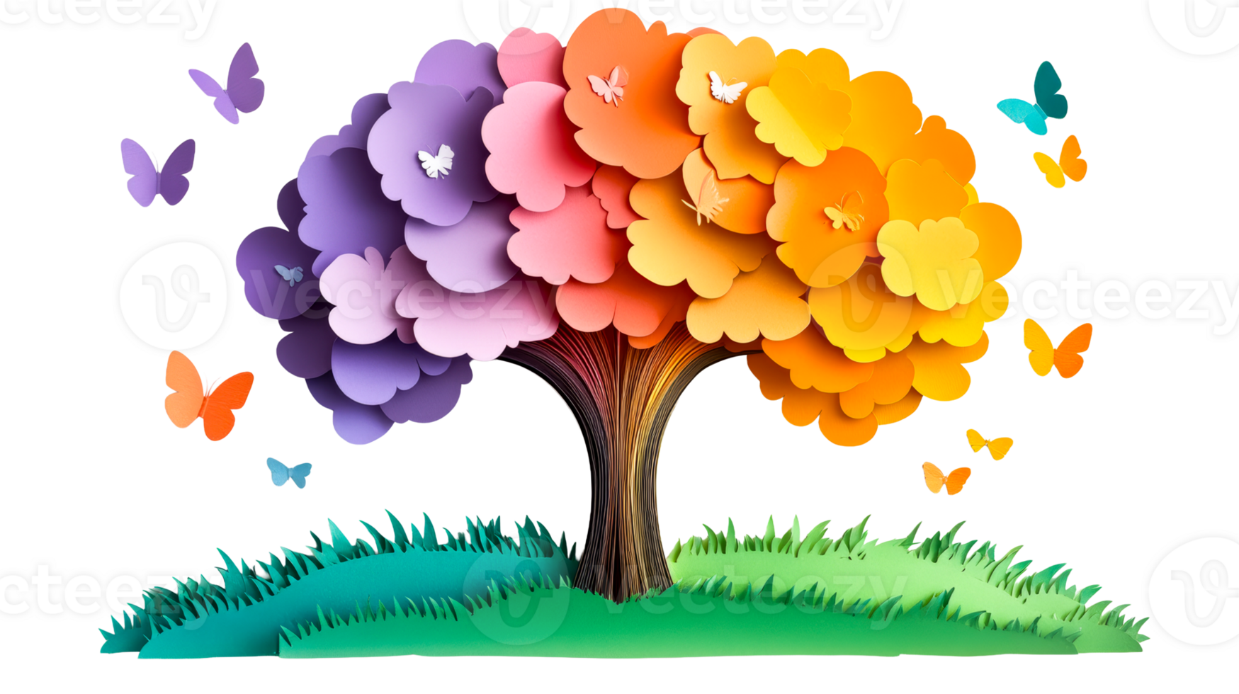 Paper tree of life with butterflies, colorful, fantasy, papercraft, cut out transparent png