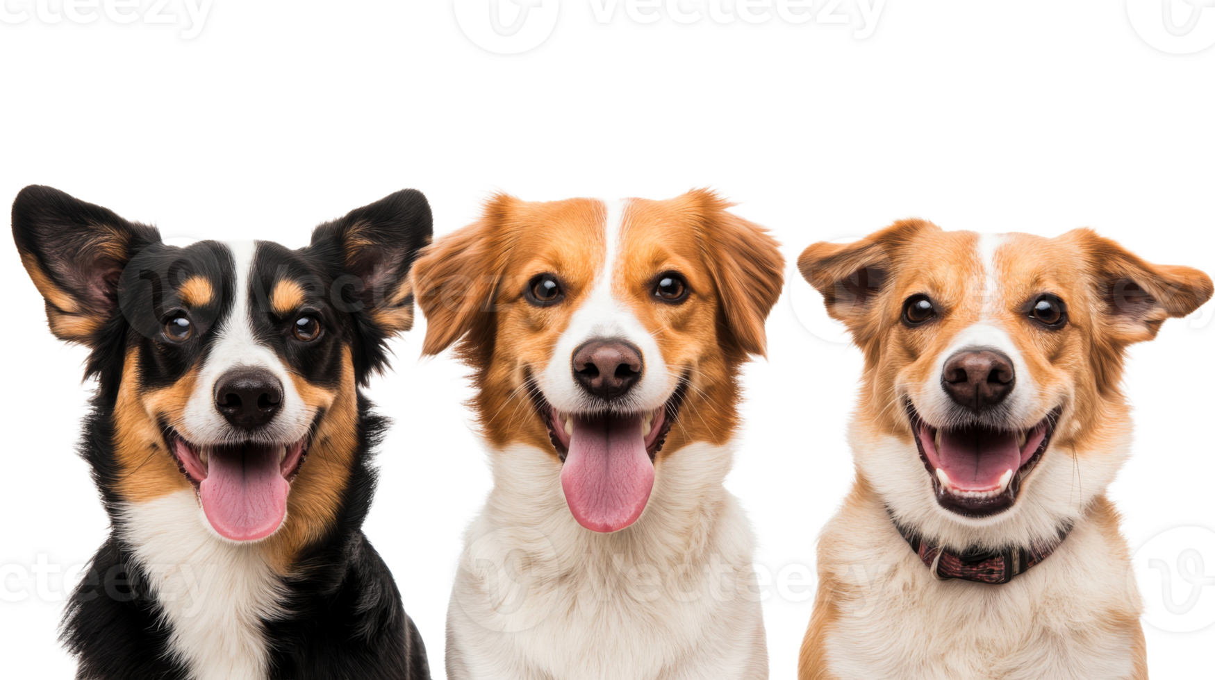 Three happy dogs smiling, pets joyfully showing tongue, cut out transparent png
