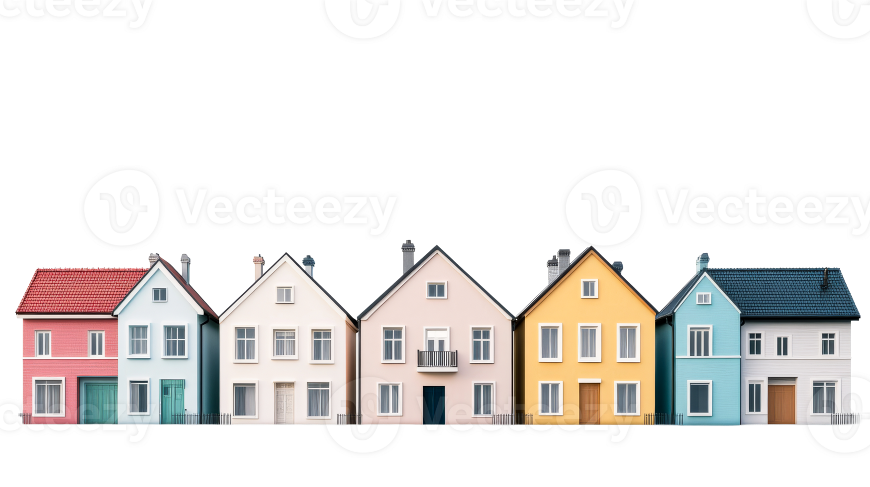Colorful houses illustration row on a black background, cut out transparent png