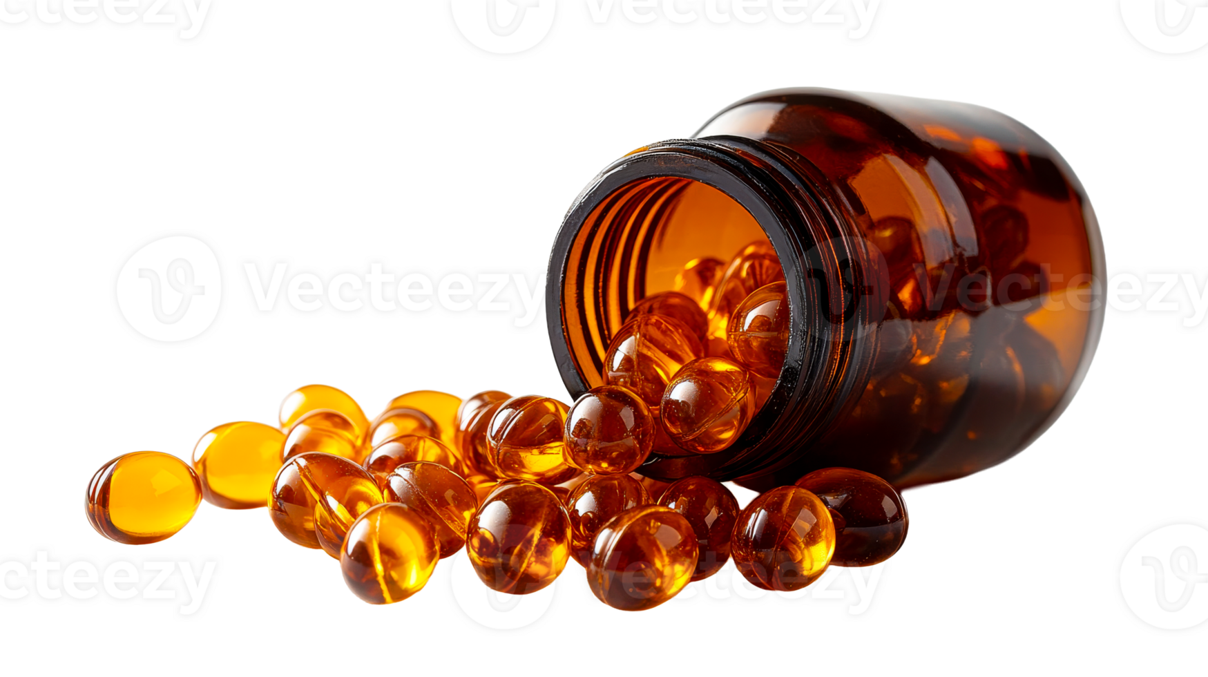 Amber bottle with capsules, supplements scattered, cut out transparent png