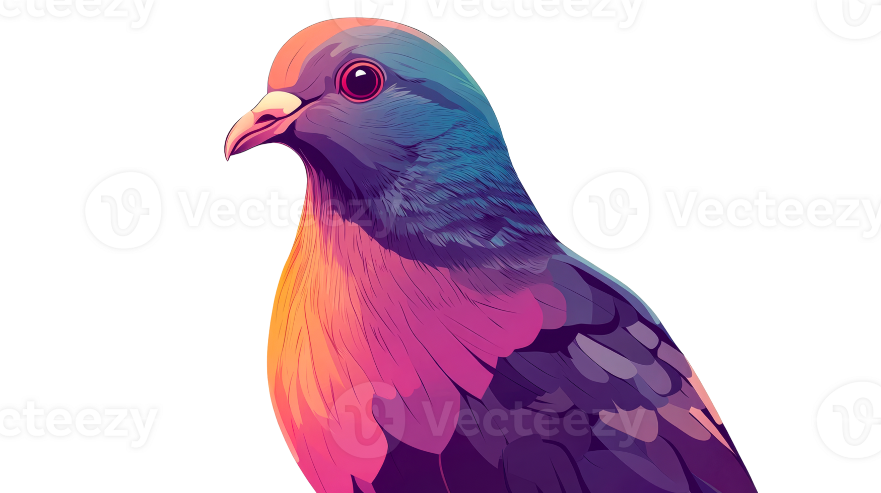 Vibrant pigeon portrait illustration with colorful feathers, cut out transparent png
