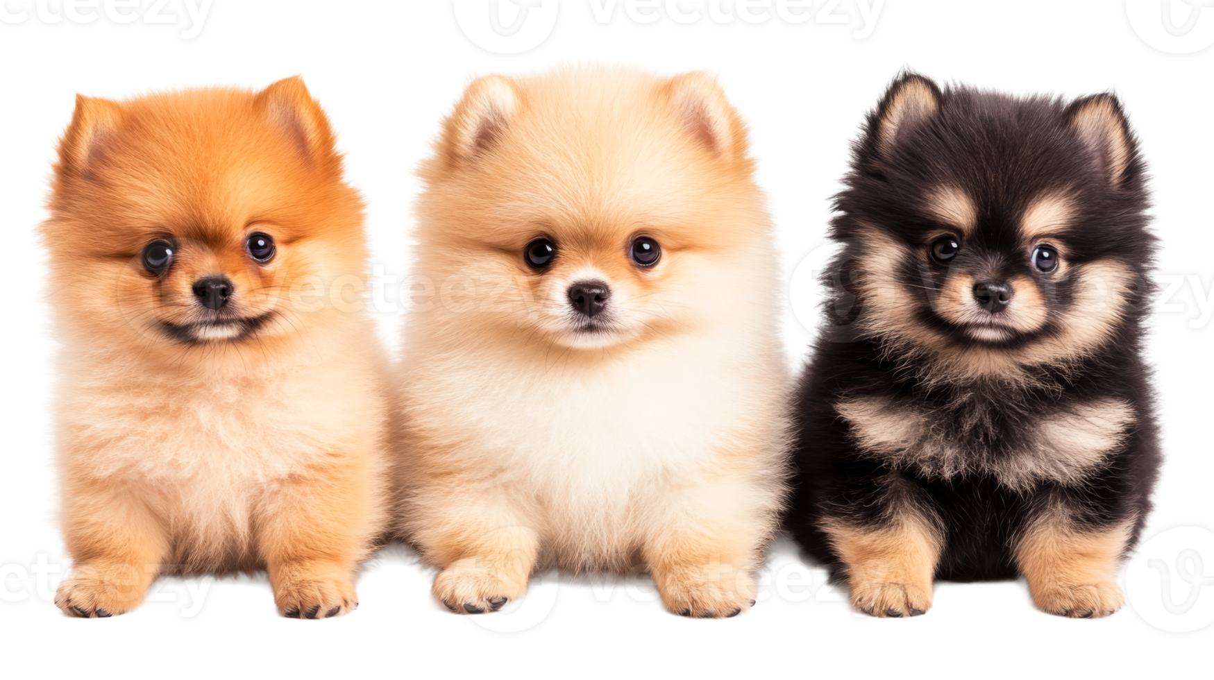 Three adorable Pomeranian puppies in a row, studio shot, cut out transparent png