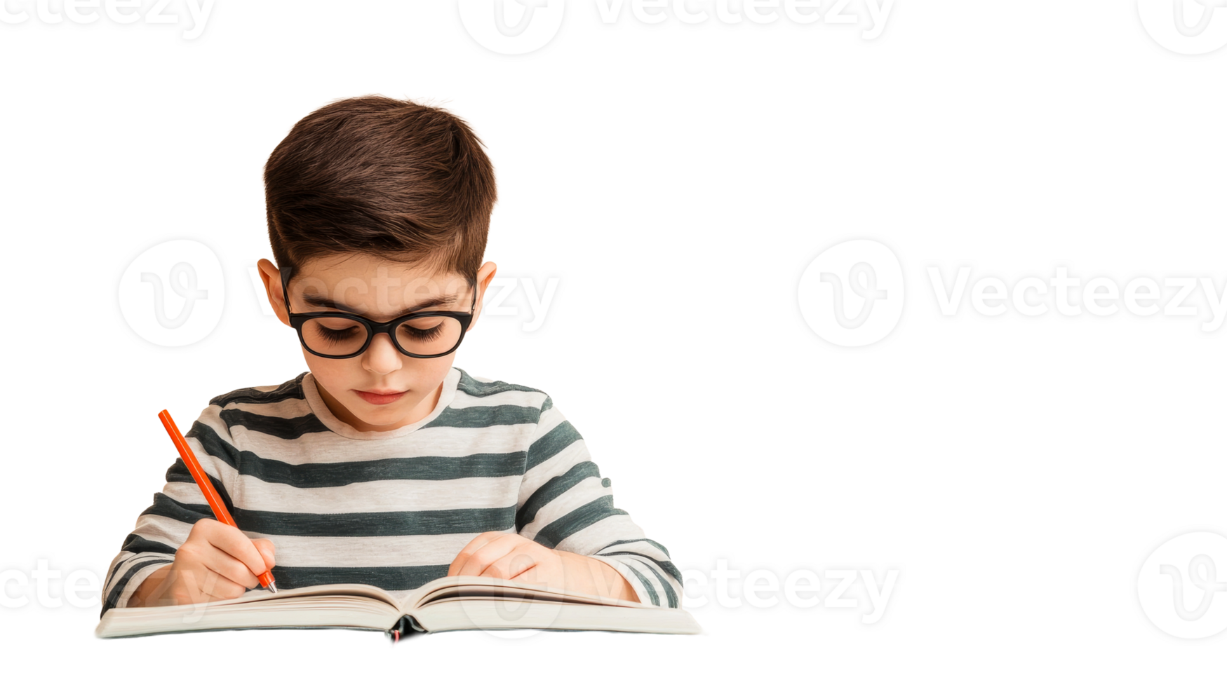 Focused Little Boy Studying with Glasses and Writing, cut out transparent png