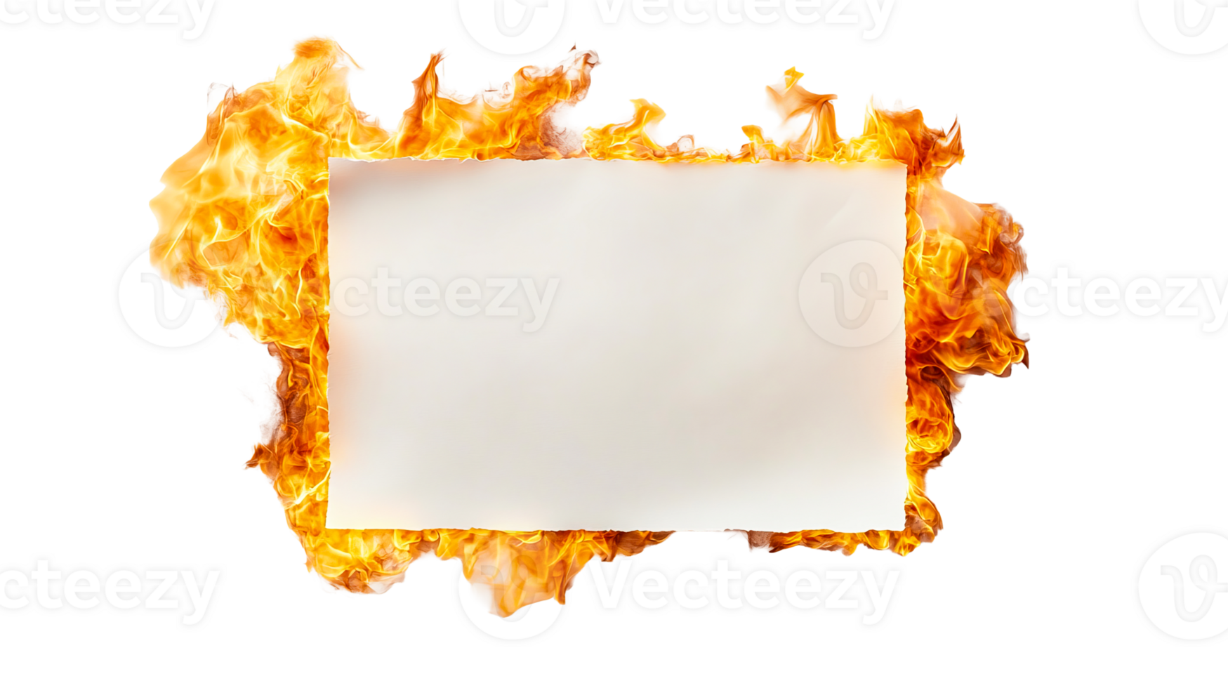 Paper burning in vibrant yellow and orange flames on black background, cut out transparent png