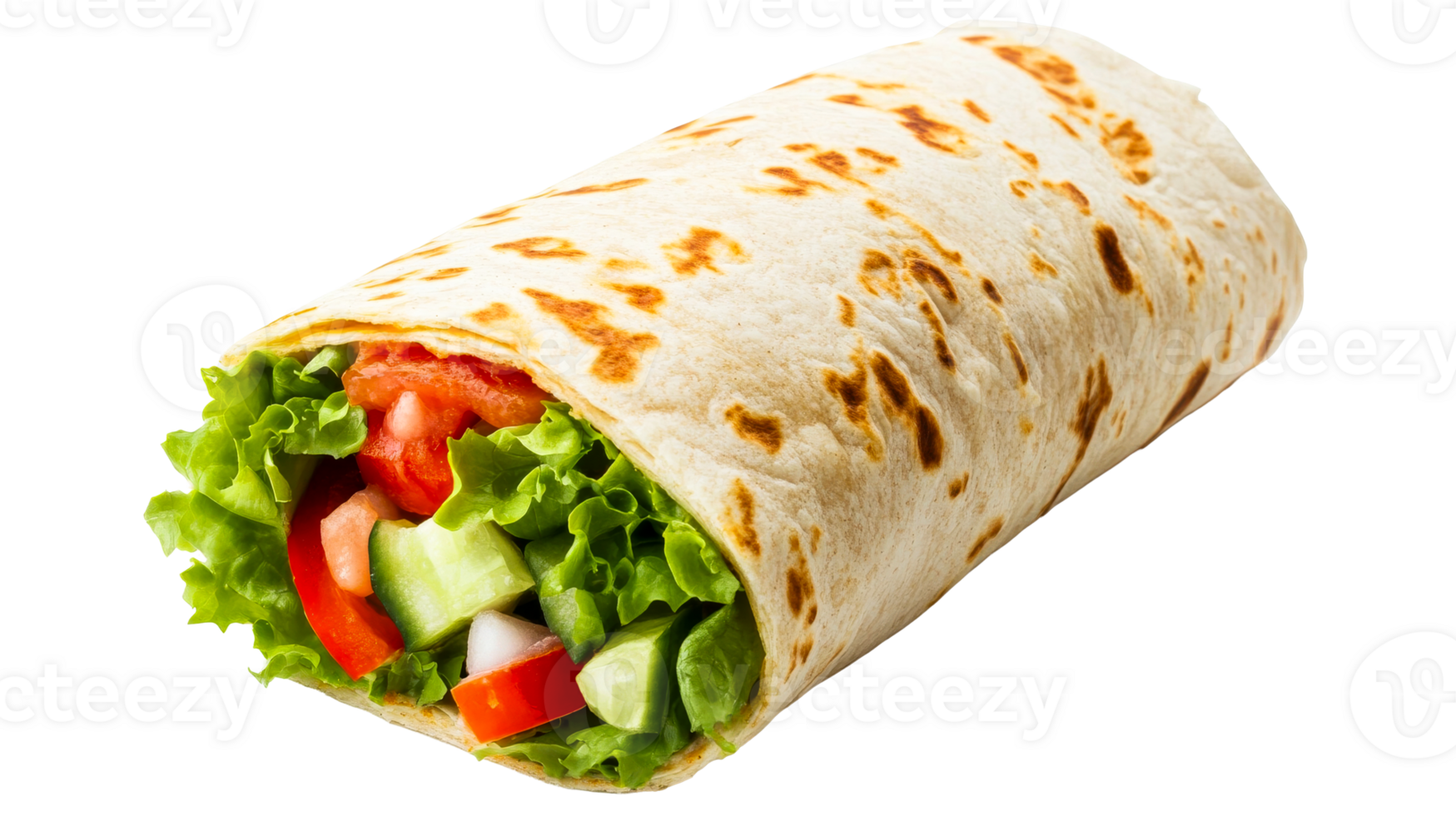 Fresh vegetable wrap with lettuce and tomato, cut out transparent png