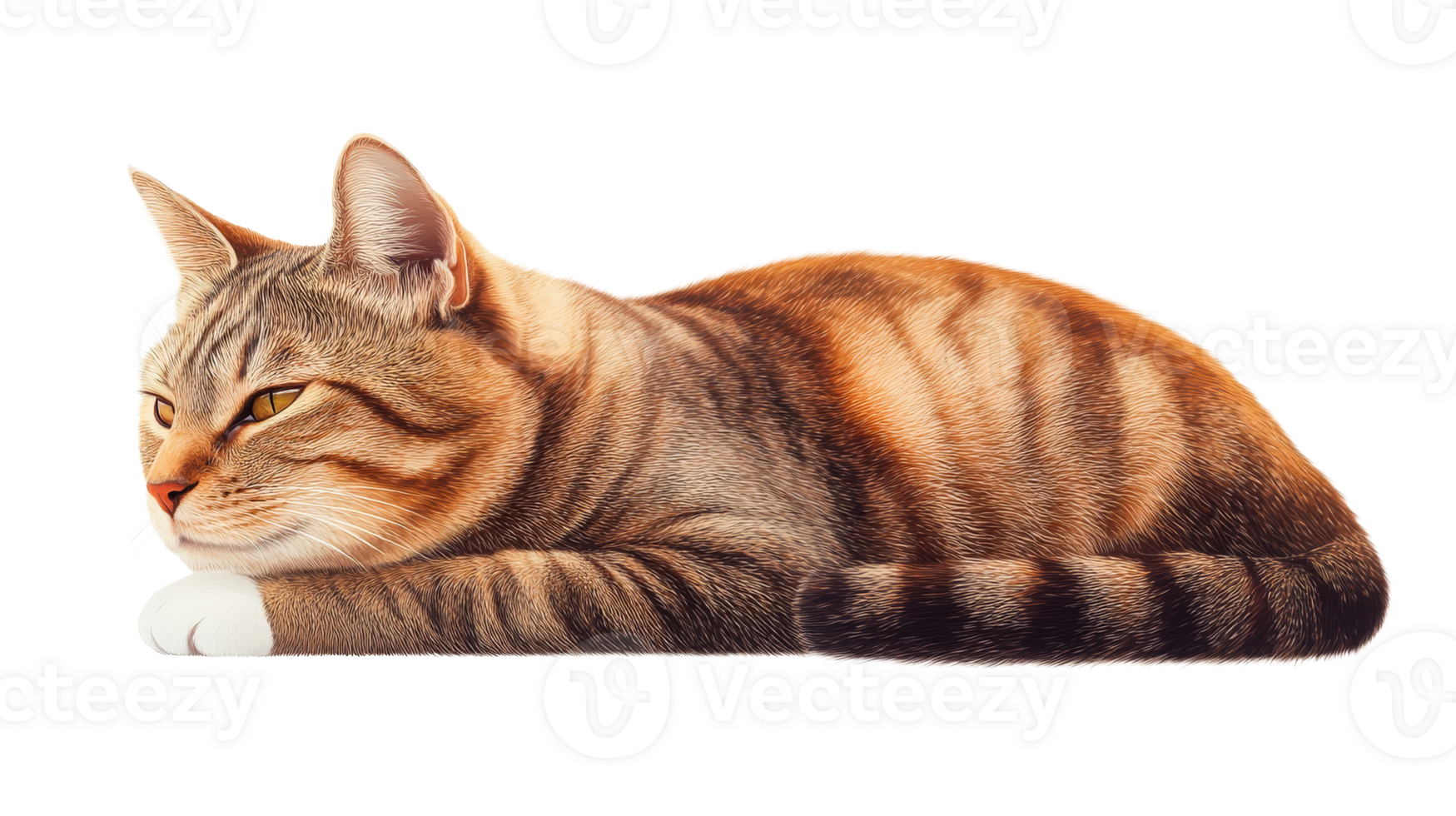 Striped cat laying down in profile view, cut out transparent png