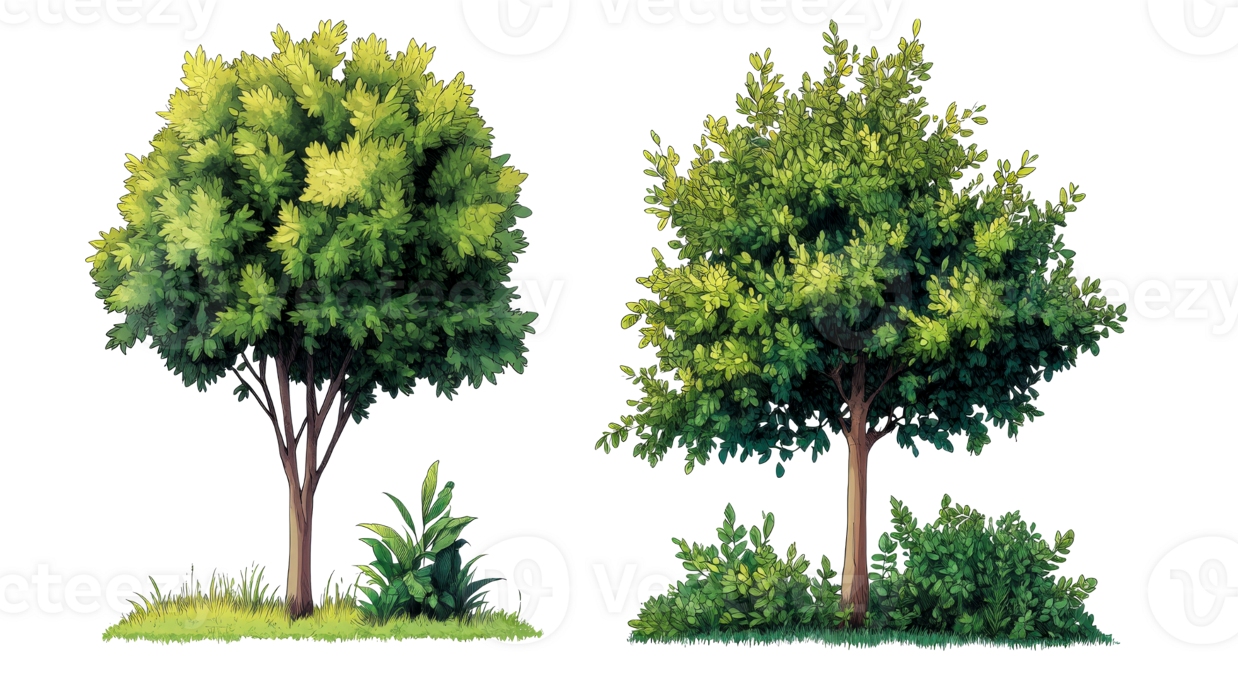 Two Cartoonish Tree Illustrations with Bushes, cut out transparent png