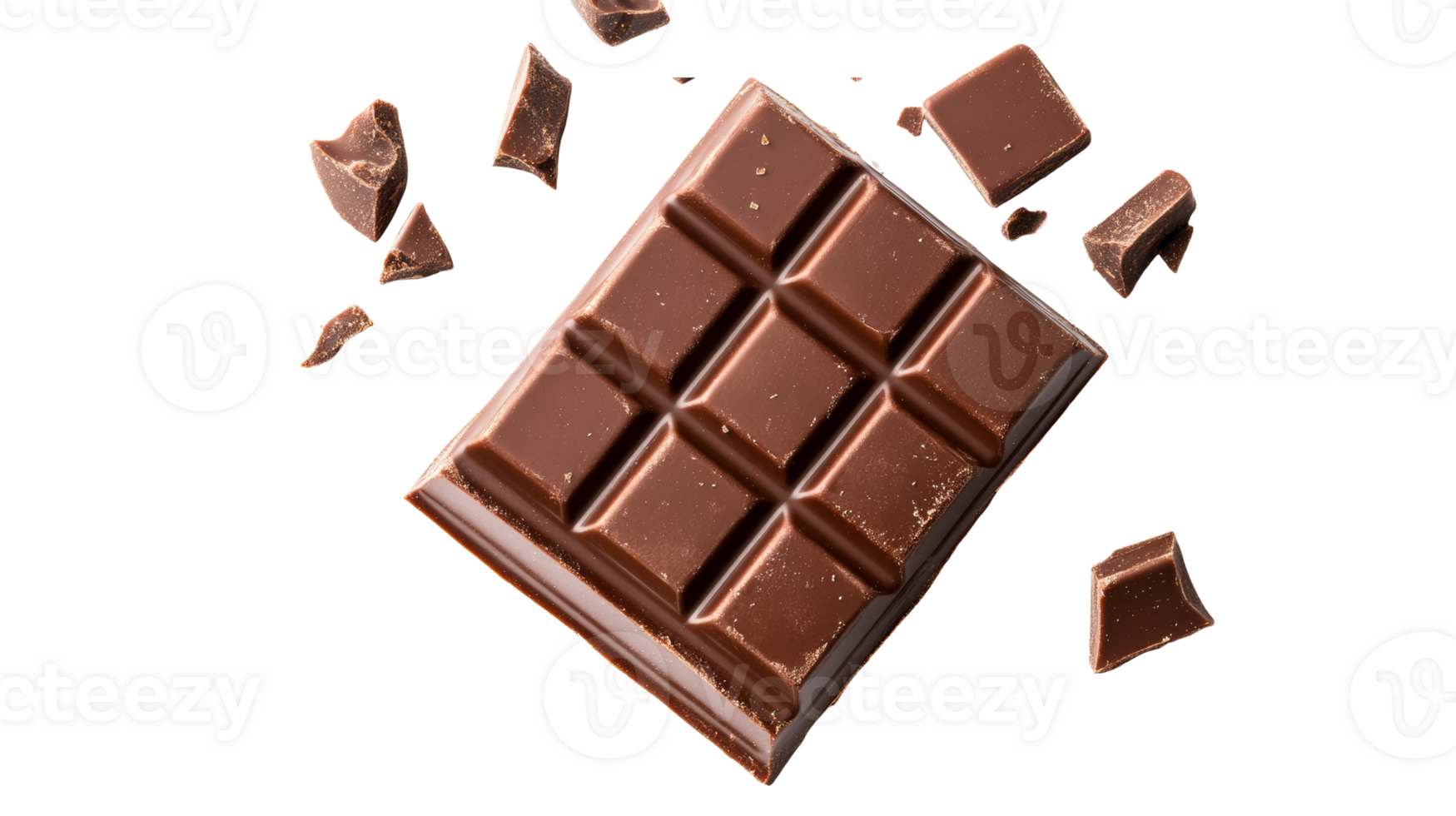Chocolate bar and crumbs on a black backdrop, cut out transparent png