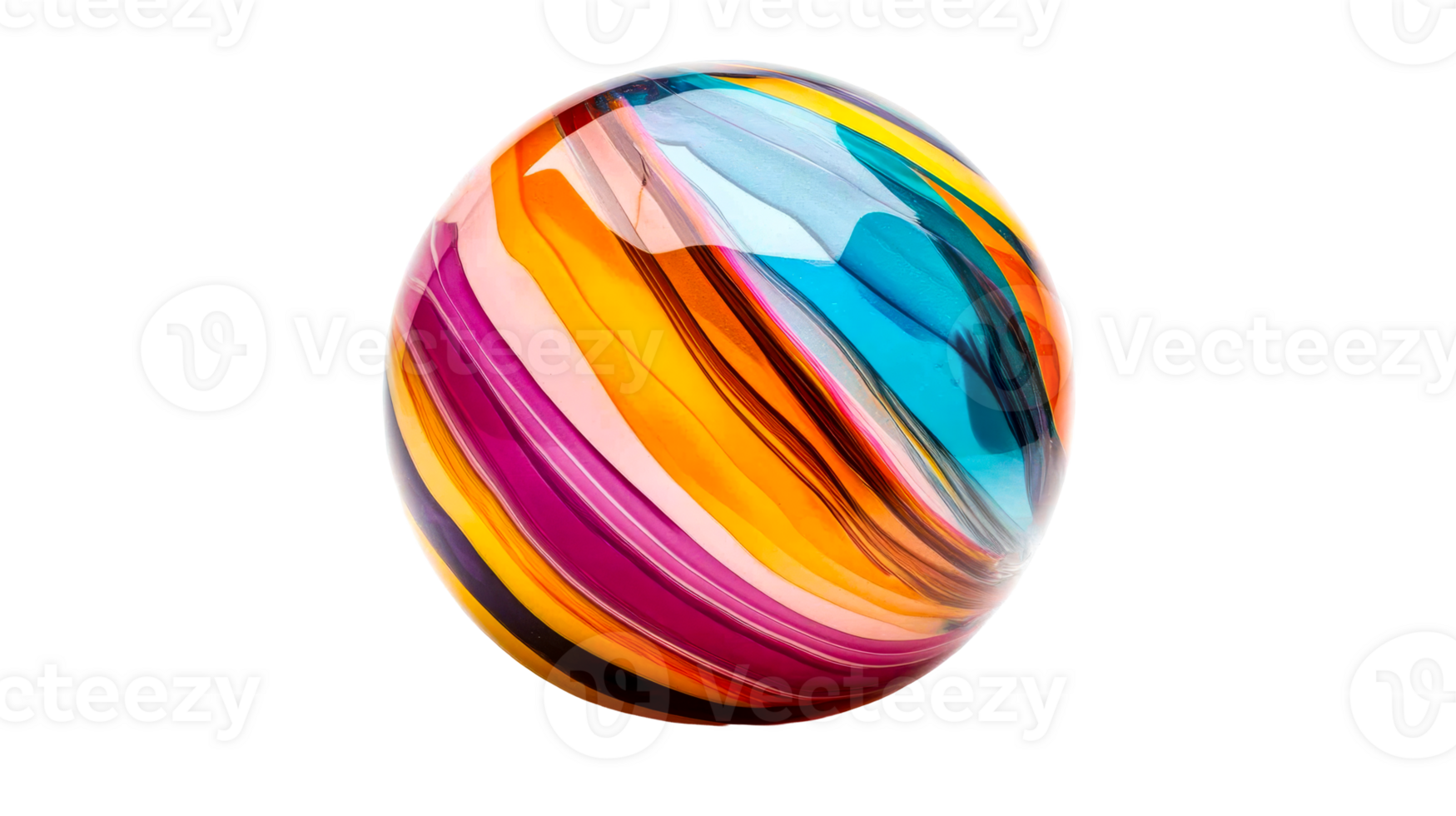 Colorful glass sphere with swirling stripes pattern, cut out transparent png