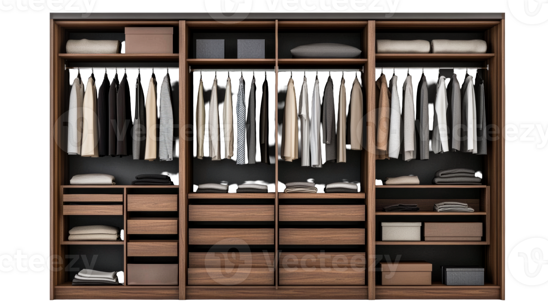 Wooden closet with clothes, drawers and shelves, cut out transparent png