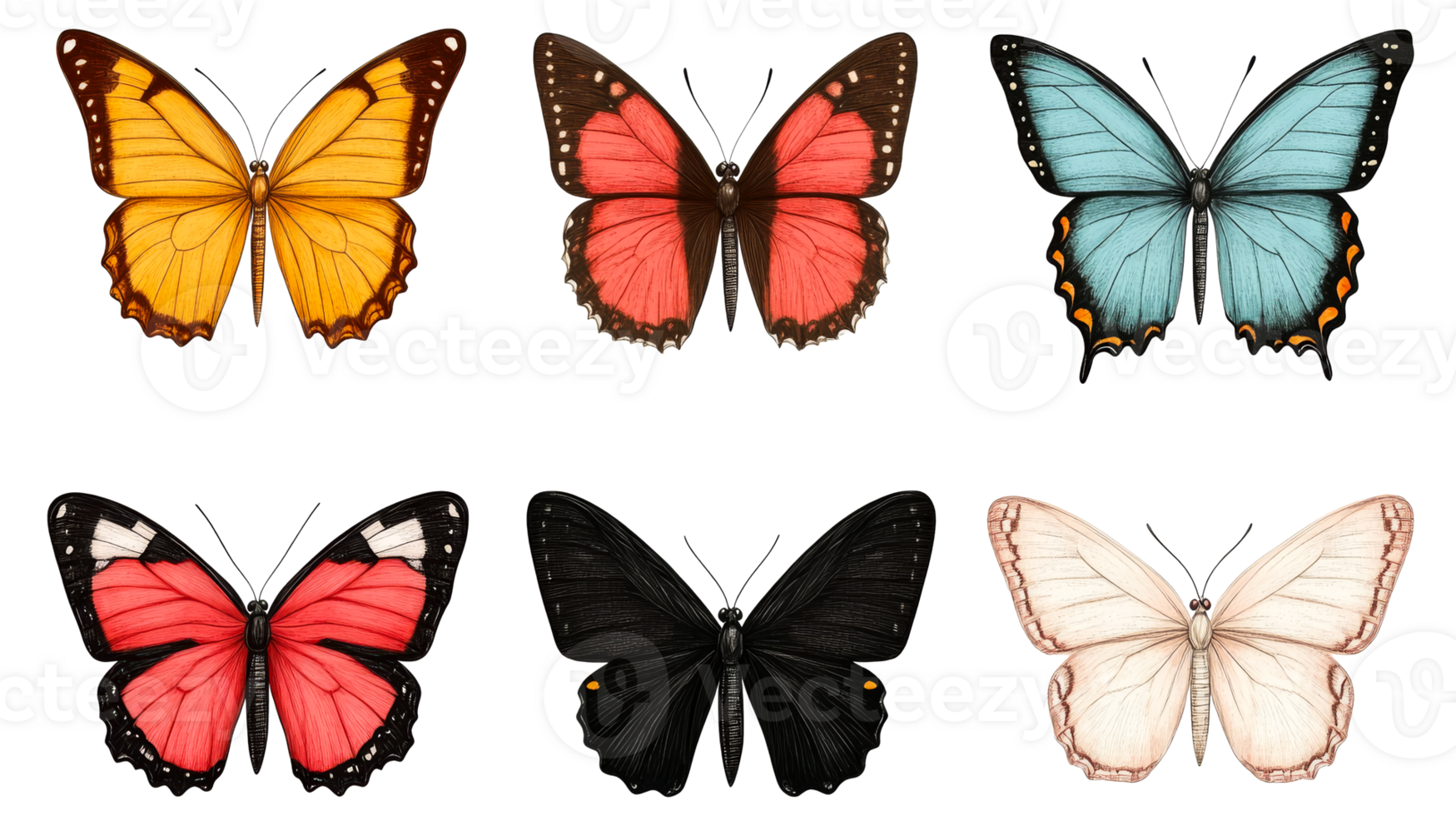 Collection of colorful butterfly illustrations on a black background, cut out transparent png