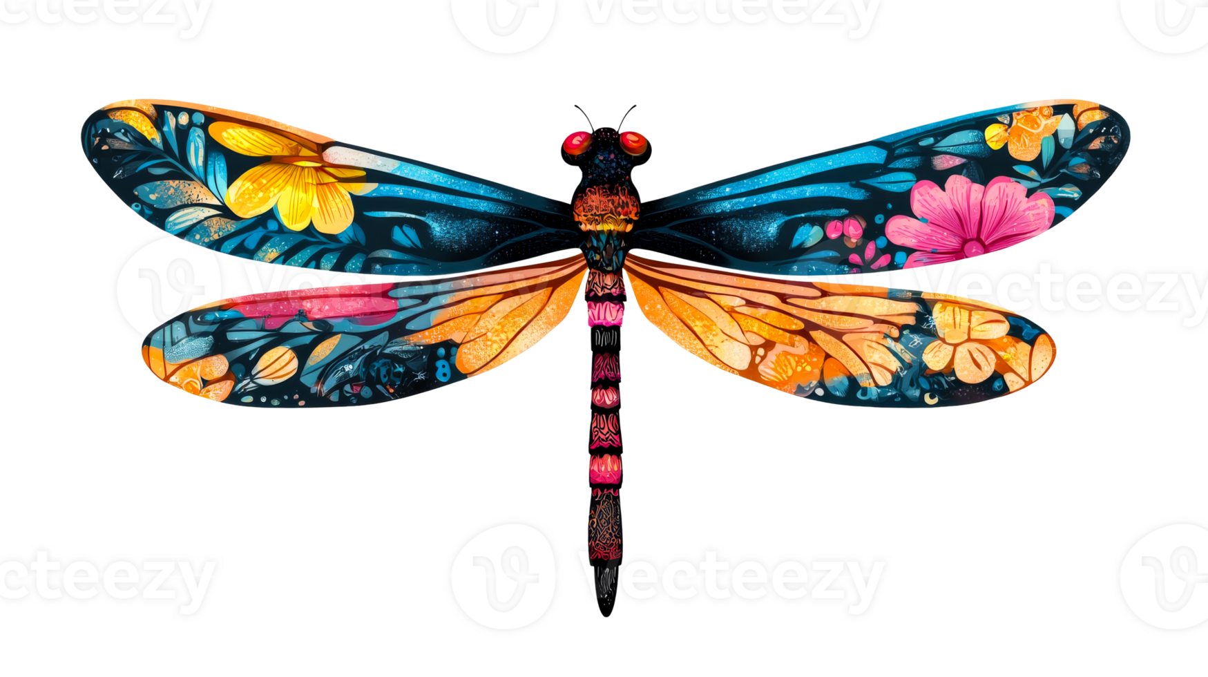 Dragonfly art with flowers, vibrant color, red eye, wings floral, cut out transparent png