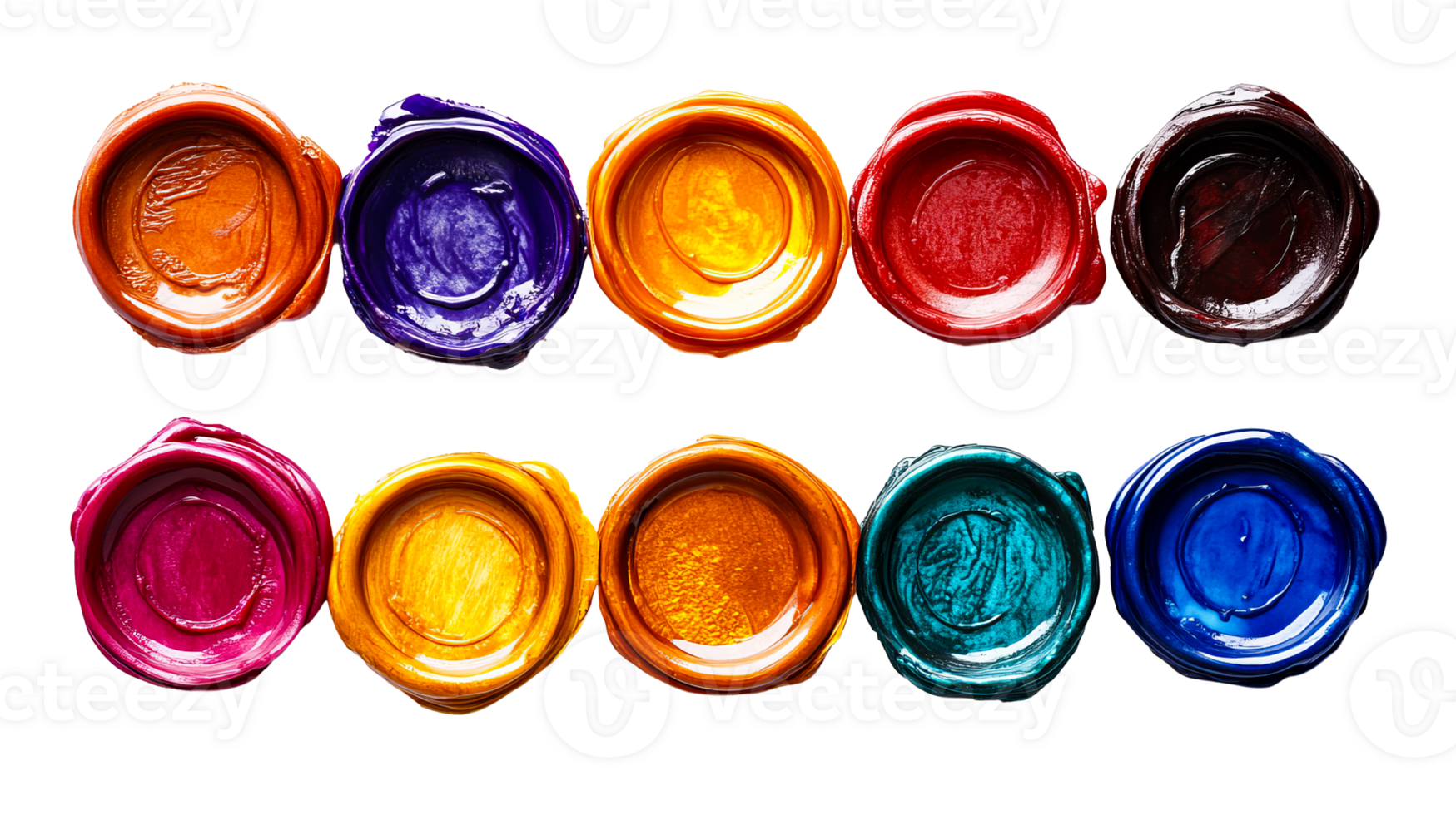 Colorful wax seals in a row on black background, cut out transparent png