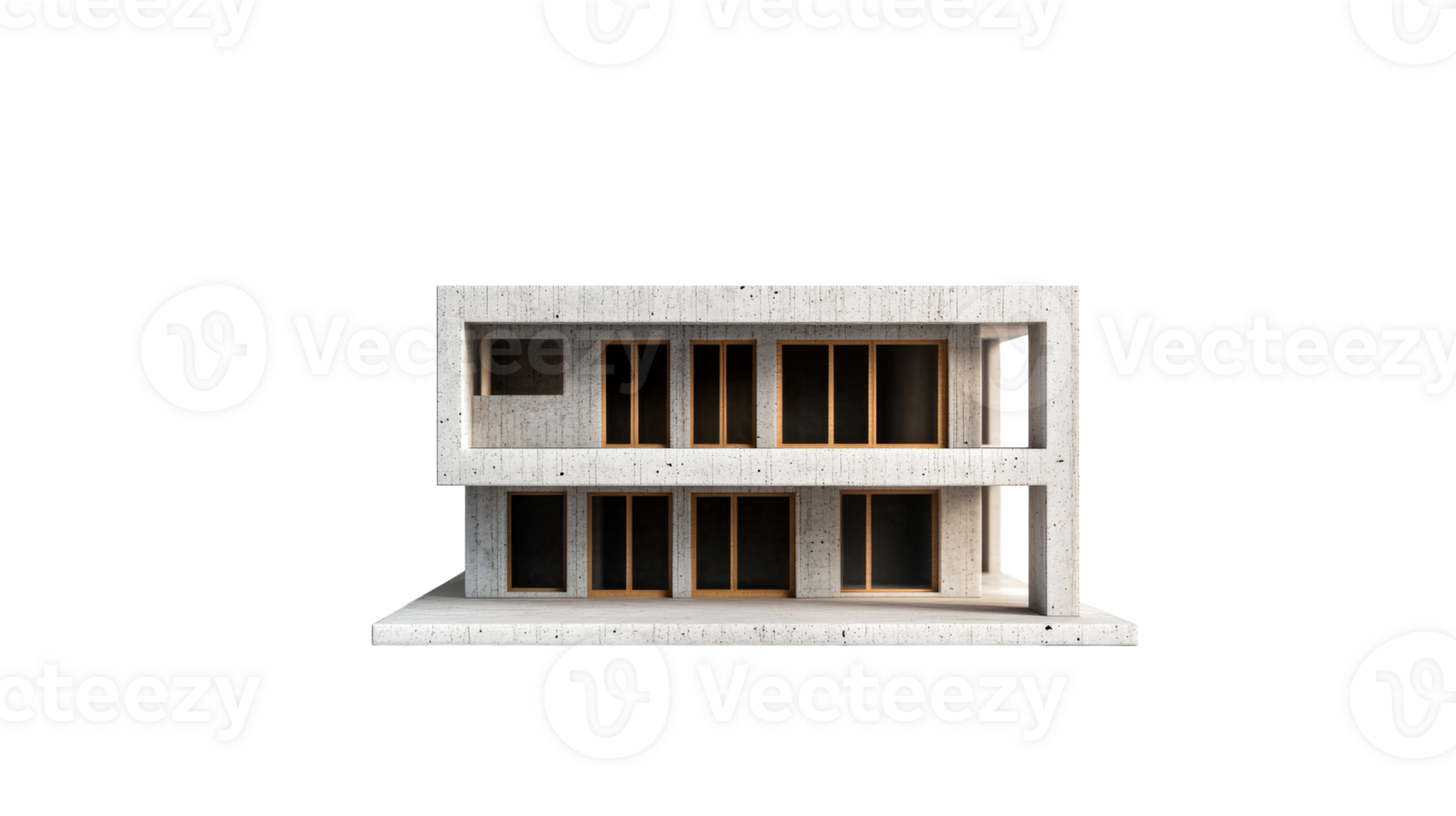 Minimalist concrete two-story house with wood frames, cut out transparent png