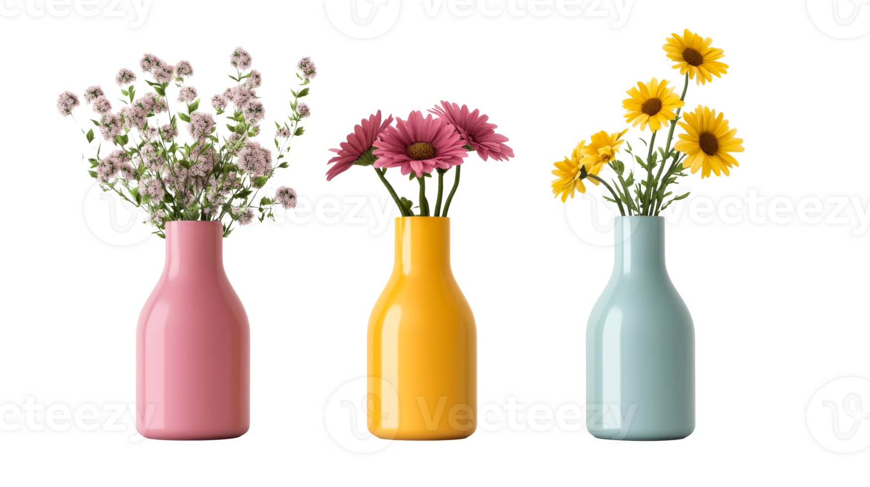 Three colorful vases holding flowers, in a row, cut out transparent png