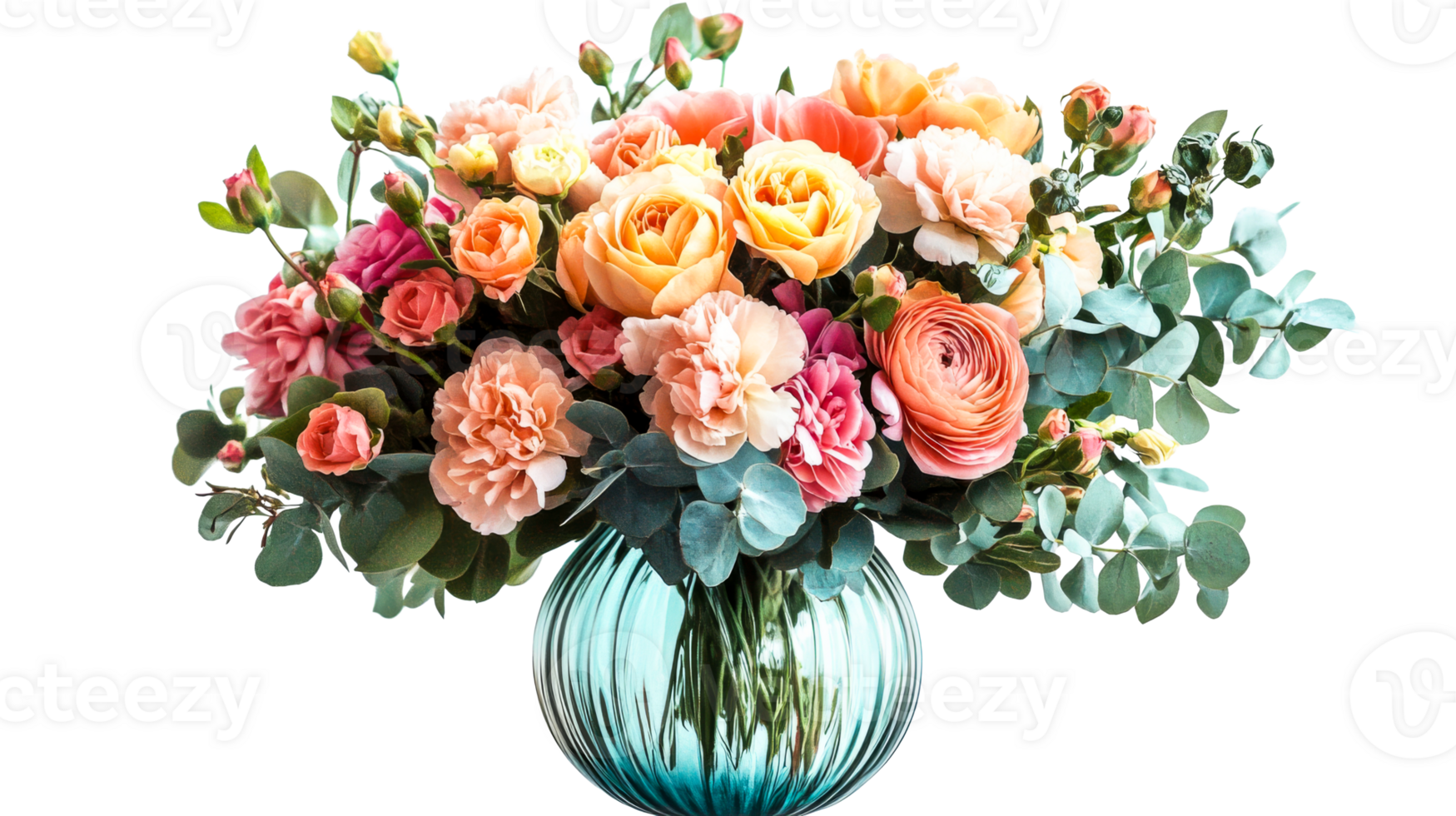 Floral arrangement in a blue glass vase, roses, carnations, isolated, cut out transparent png
