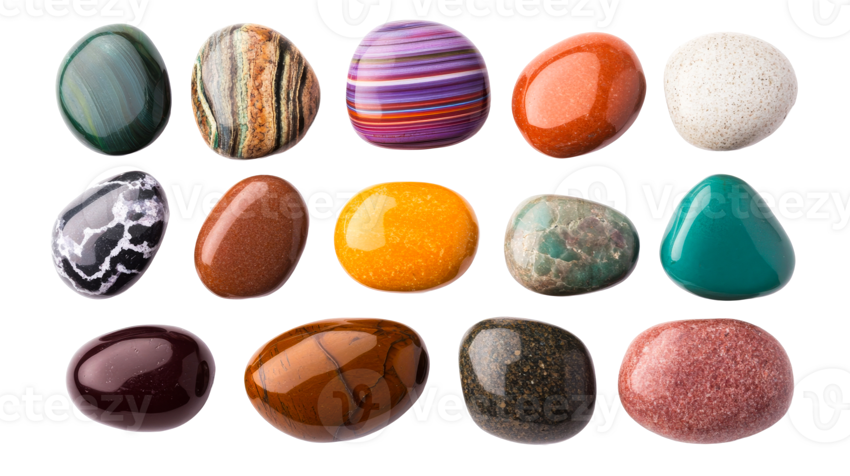 Collection of colorful gemstone pebbles, isolated, cut out transparent png