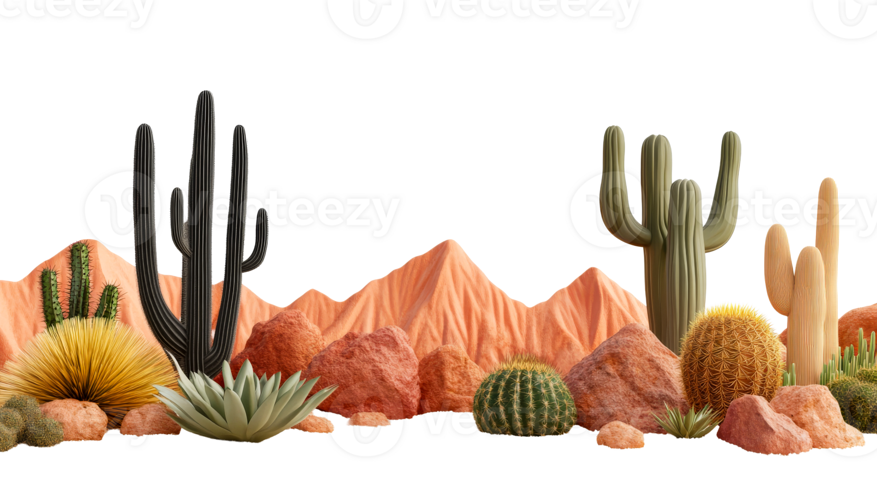 Desert landscape featuring cacti, rocks and mountains, cut out transparent png