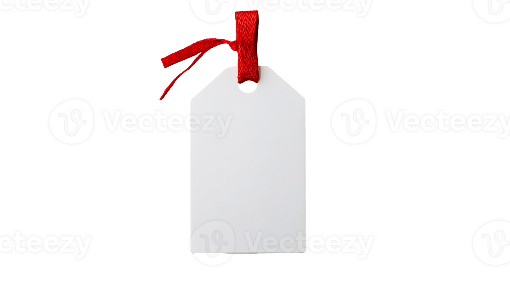 White tag with red ribbon isolated on black background, cut out transparent png