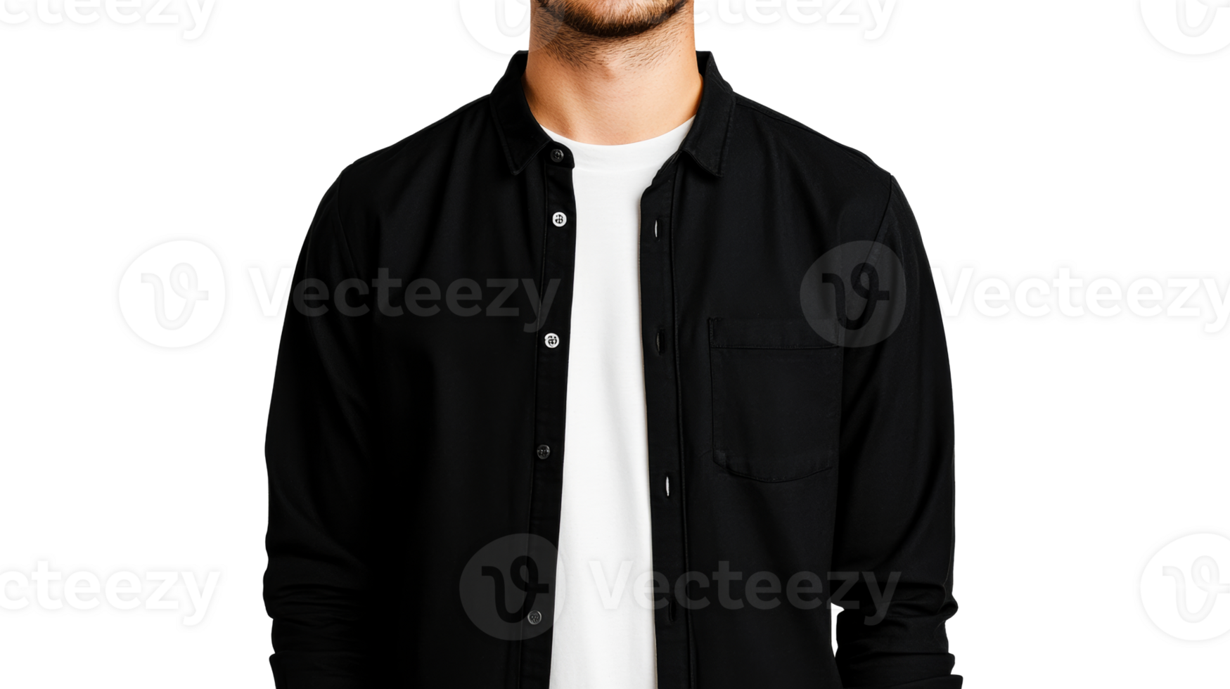 Man's Black Shirt and White Tee Outfit Presentation, Cut Out Transparent png