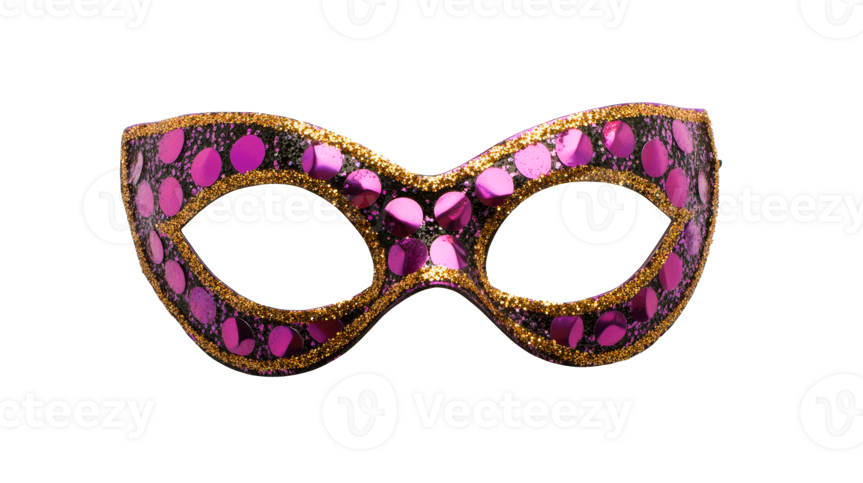 Elegant violet masquerade mask with gold glitter accents, cut out transparent png