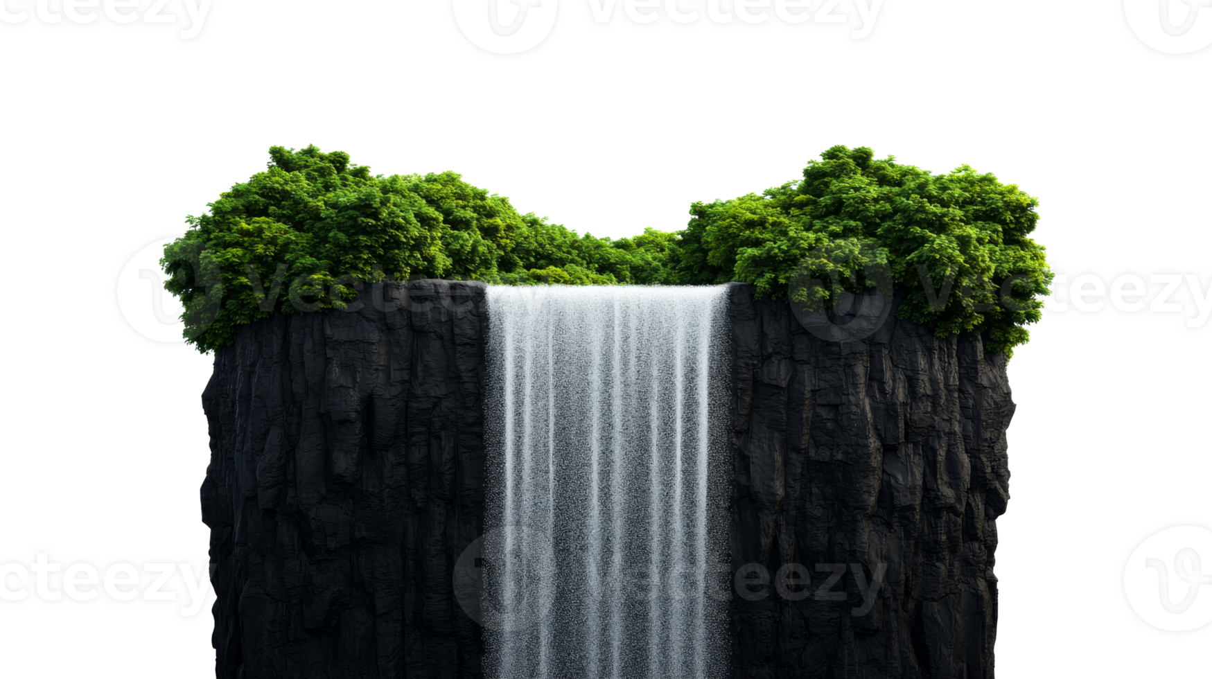 Waterfall cascading from rocky cliff with lush vegetation, cut out transparent png