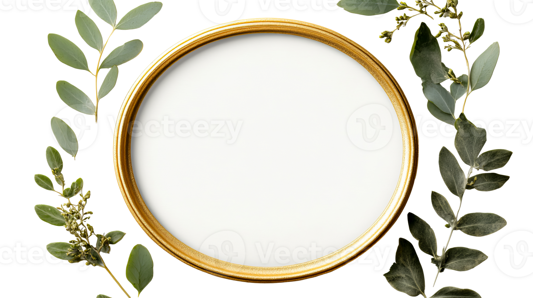 Gold frame with leaves, blank space, black background, cut out transparent png