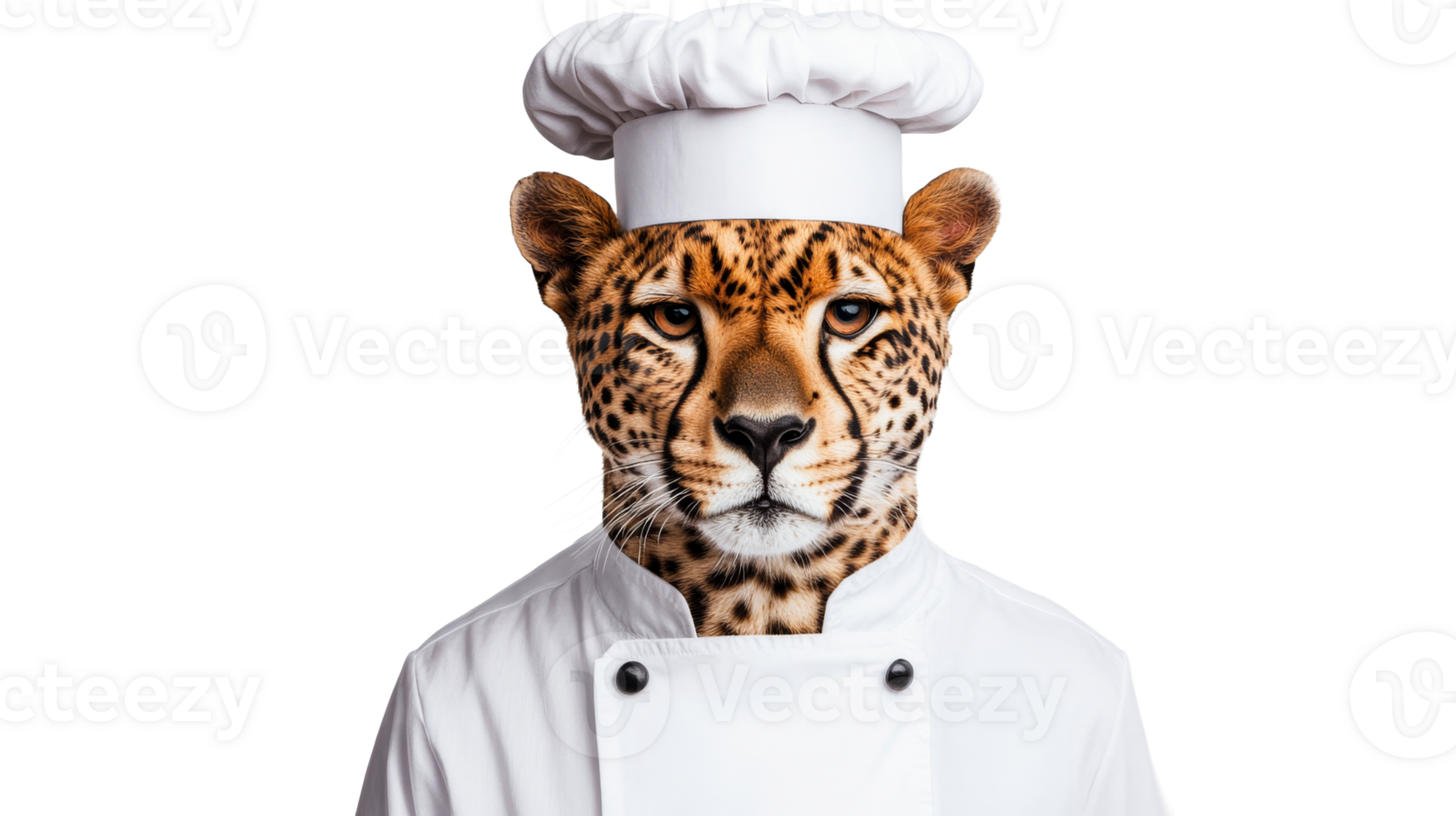 Cheetah chef portrait wearing white toque and uniform, cut out transparent png