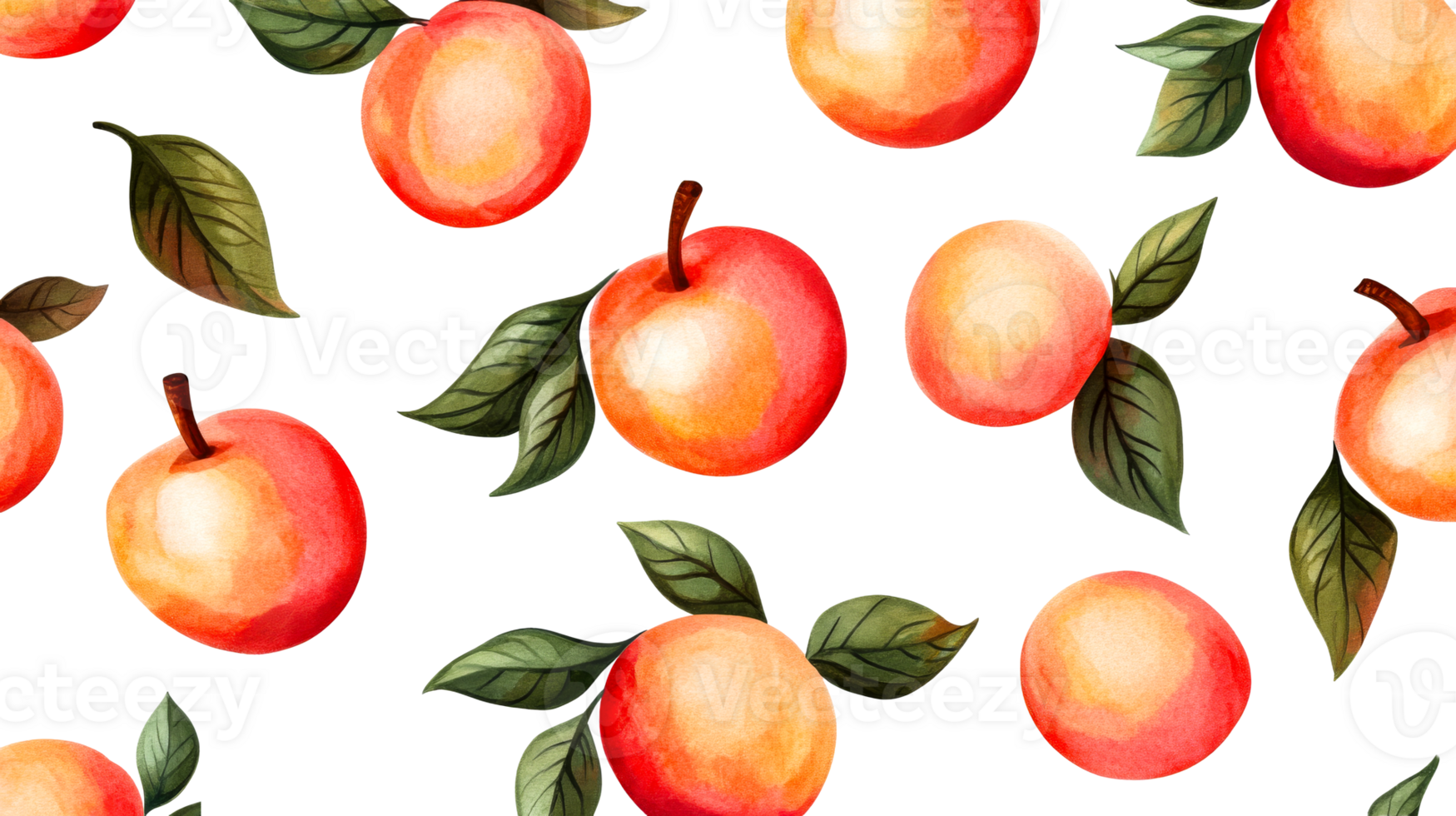 Seamless design with fresh watercolor apples on black background, cut out transparent png