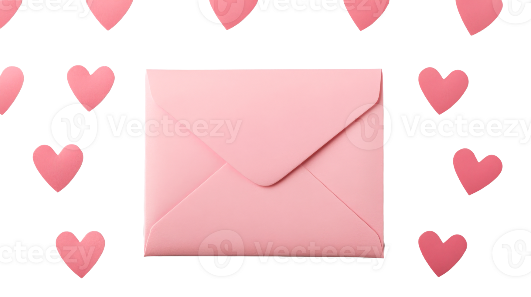 Pink envelope with hearts arrangement on black background, cut out transparent png