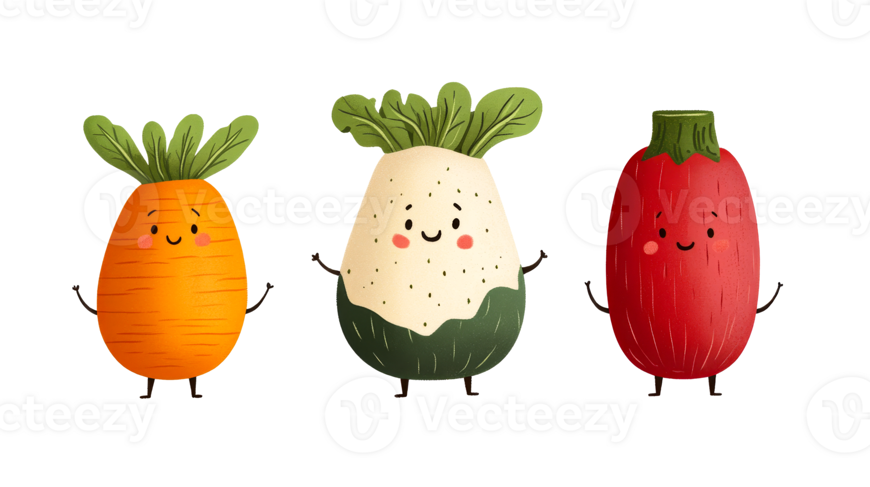Cute Carrot, Turnip and Eggplant Characters with Faces, cut out transparent png