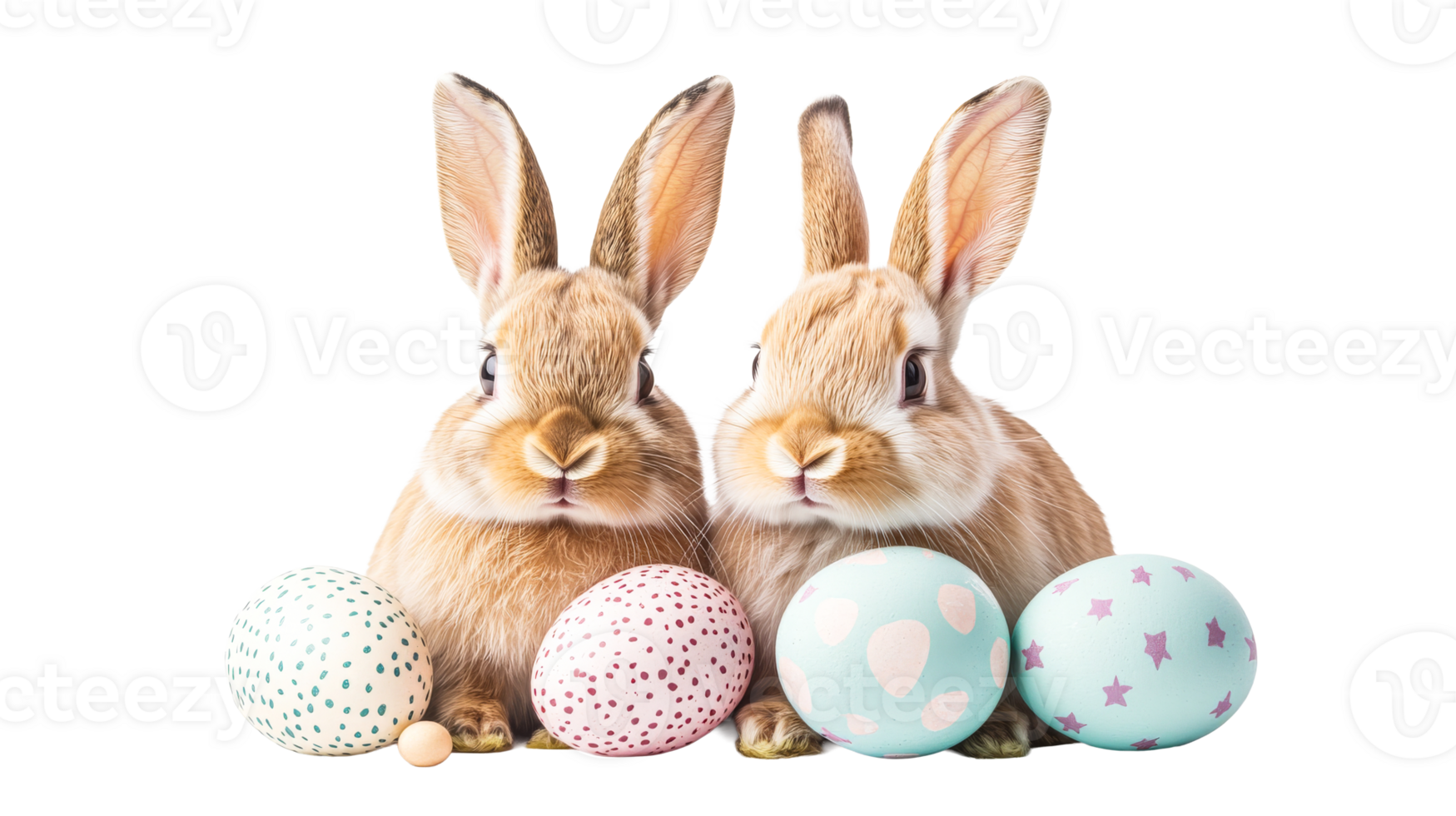 Easter rabbits with painted eggs, isolated on black, cut out transparent png