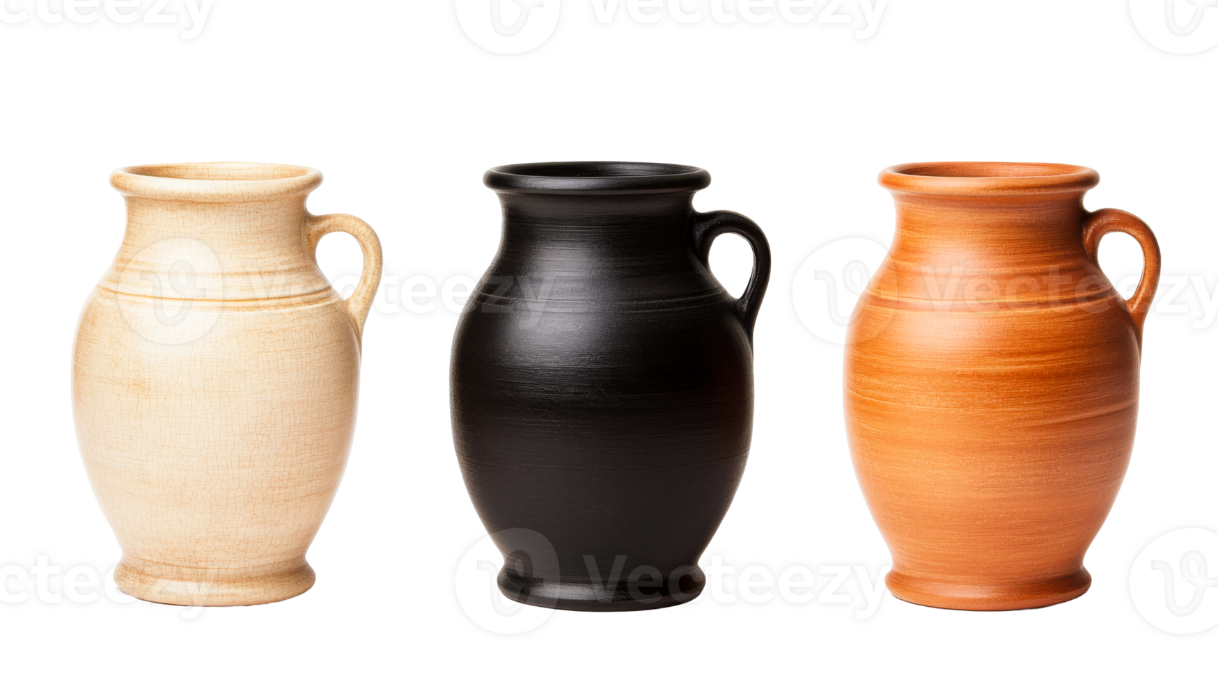 Three pottery jugs of different colors, isolated objects, cut out transparent png
