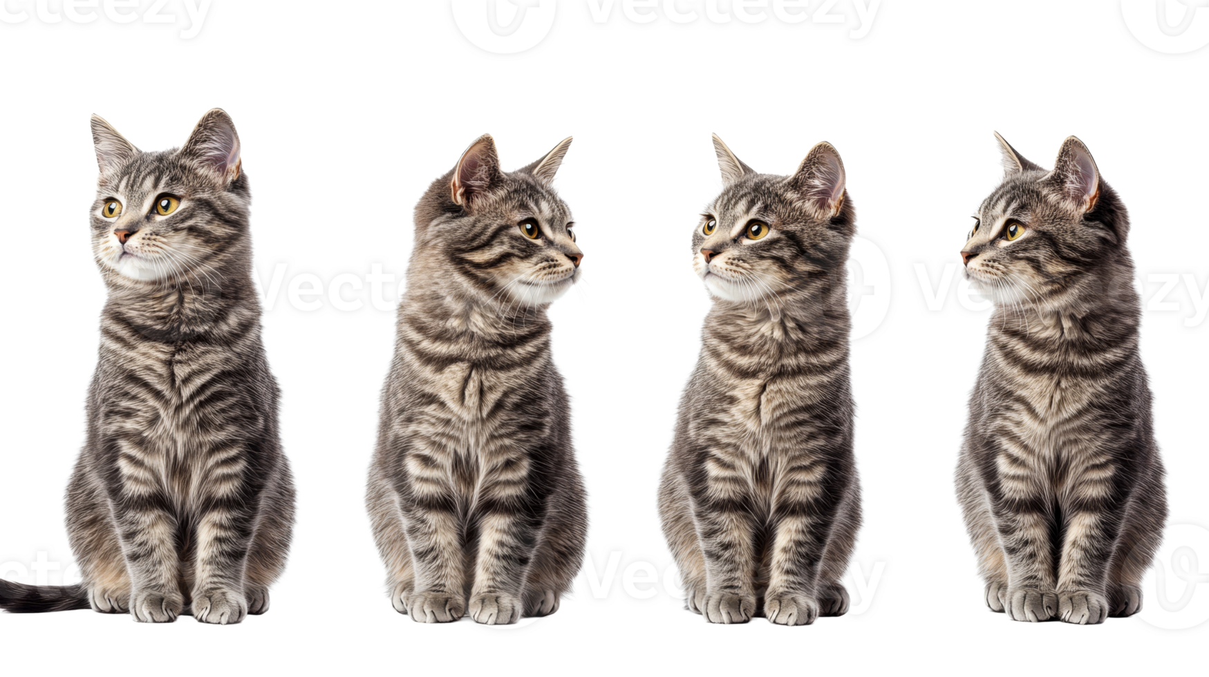 Four gray tabby cats sitting, isolated on black, cut out transparent png