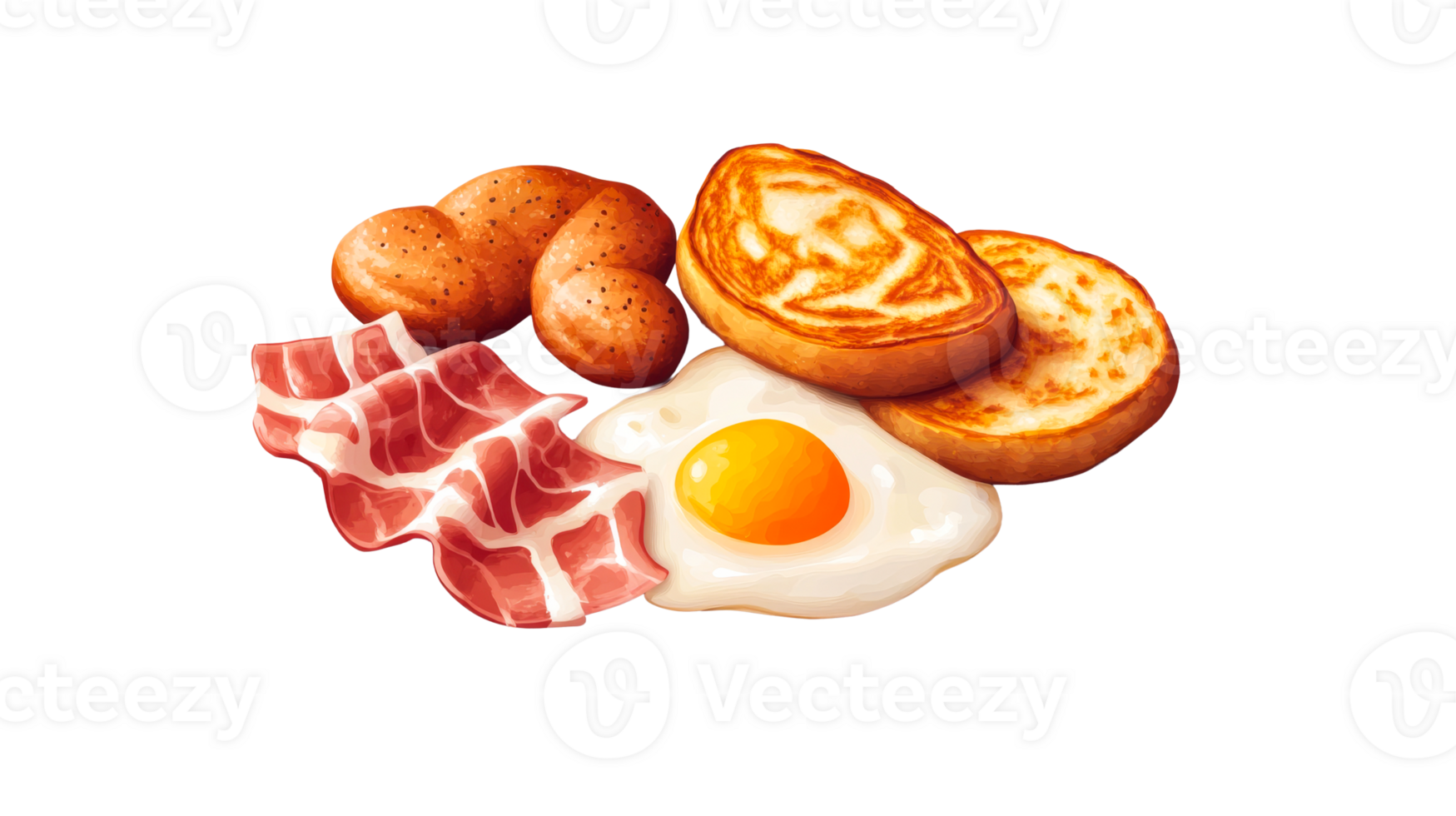Breakfast with bread, bacon and eggs, delicious food, cut out transparent png