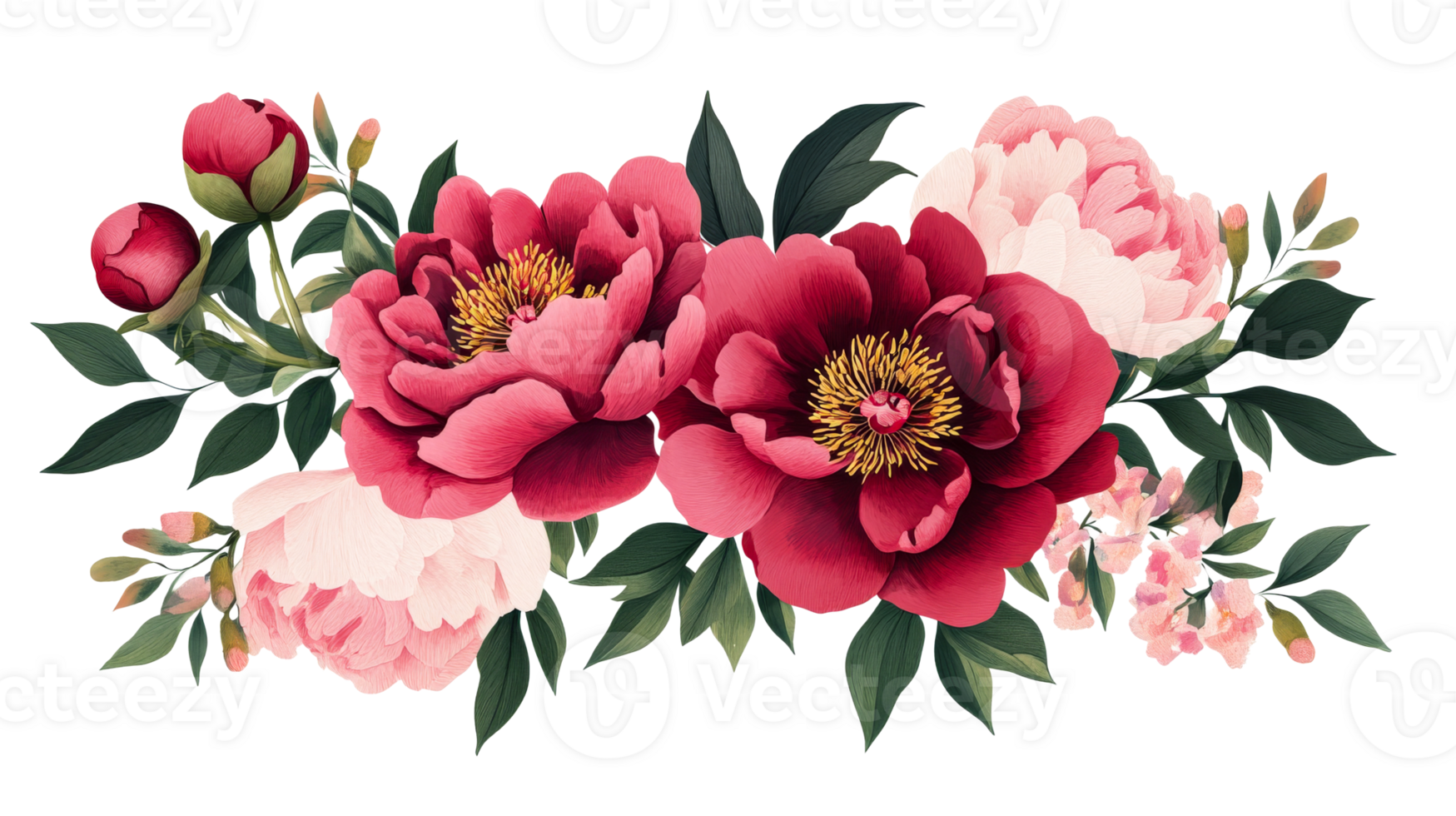 Floral arrangement with red and pink peonies, cut out transparent png