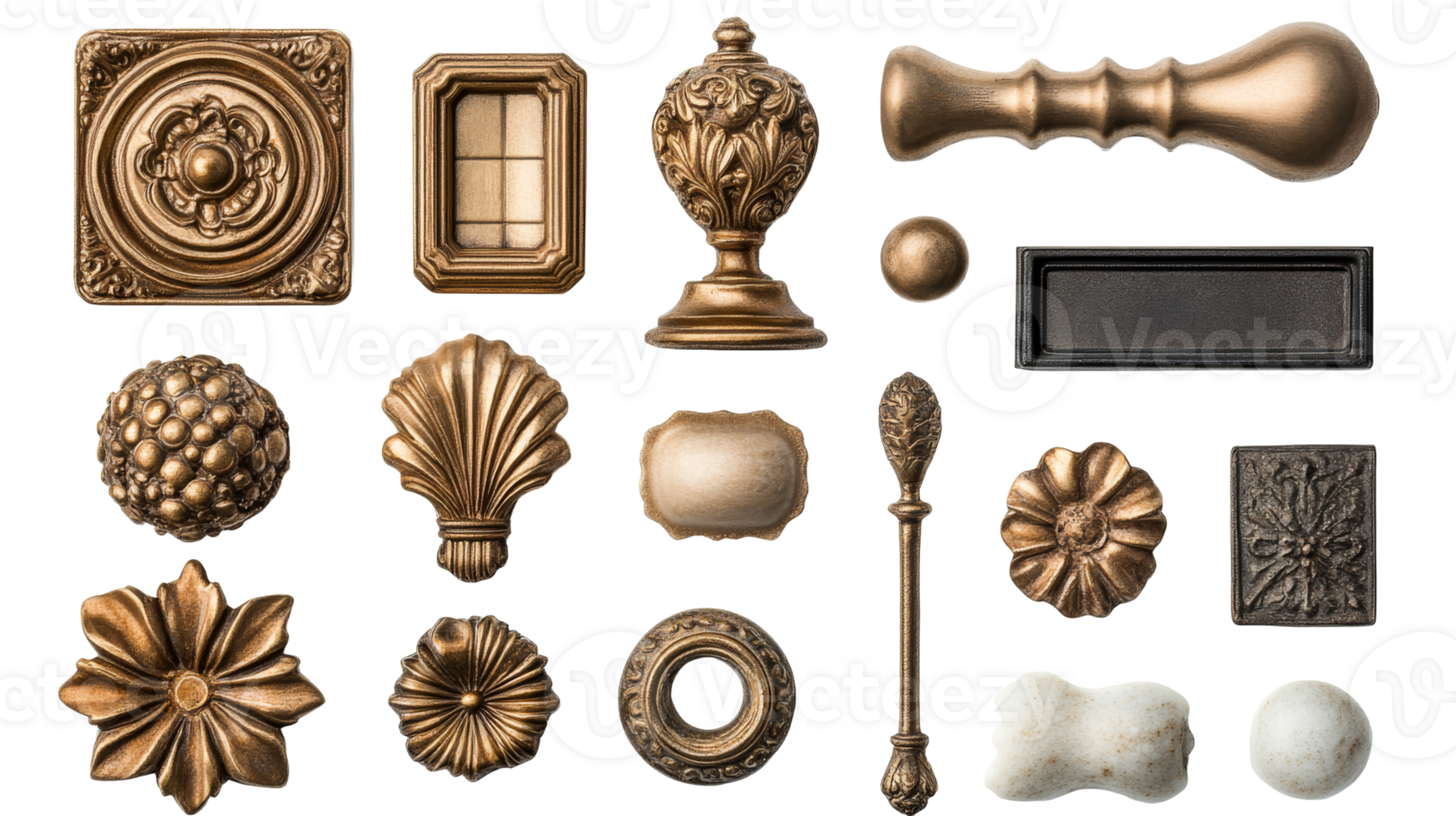 Decorative bronze elements collection, architectural details, cut out transparent png