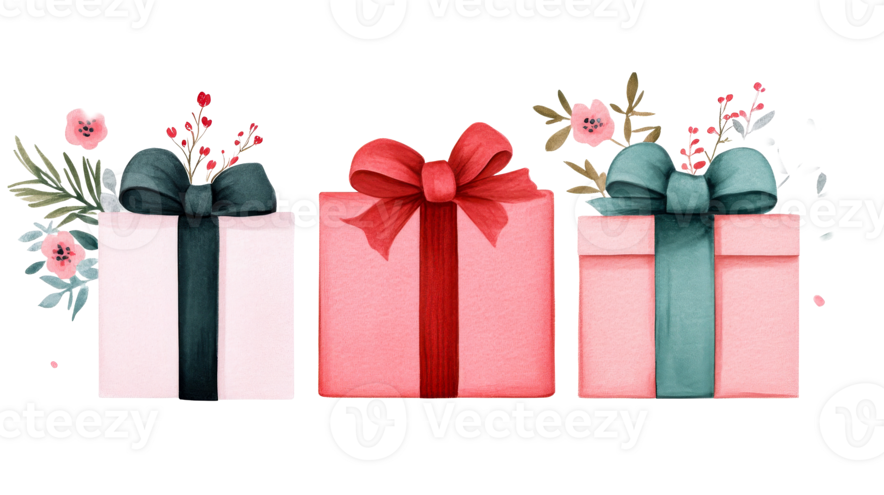 Colorful gift boxes with bows and floral accents, cut out transparent png