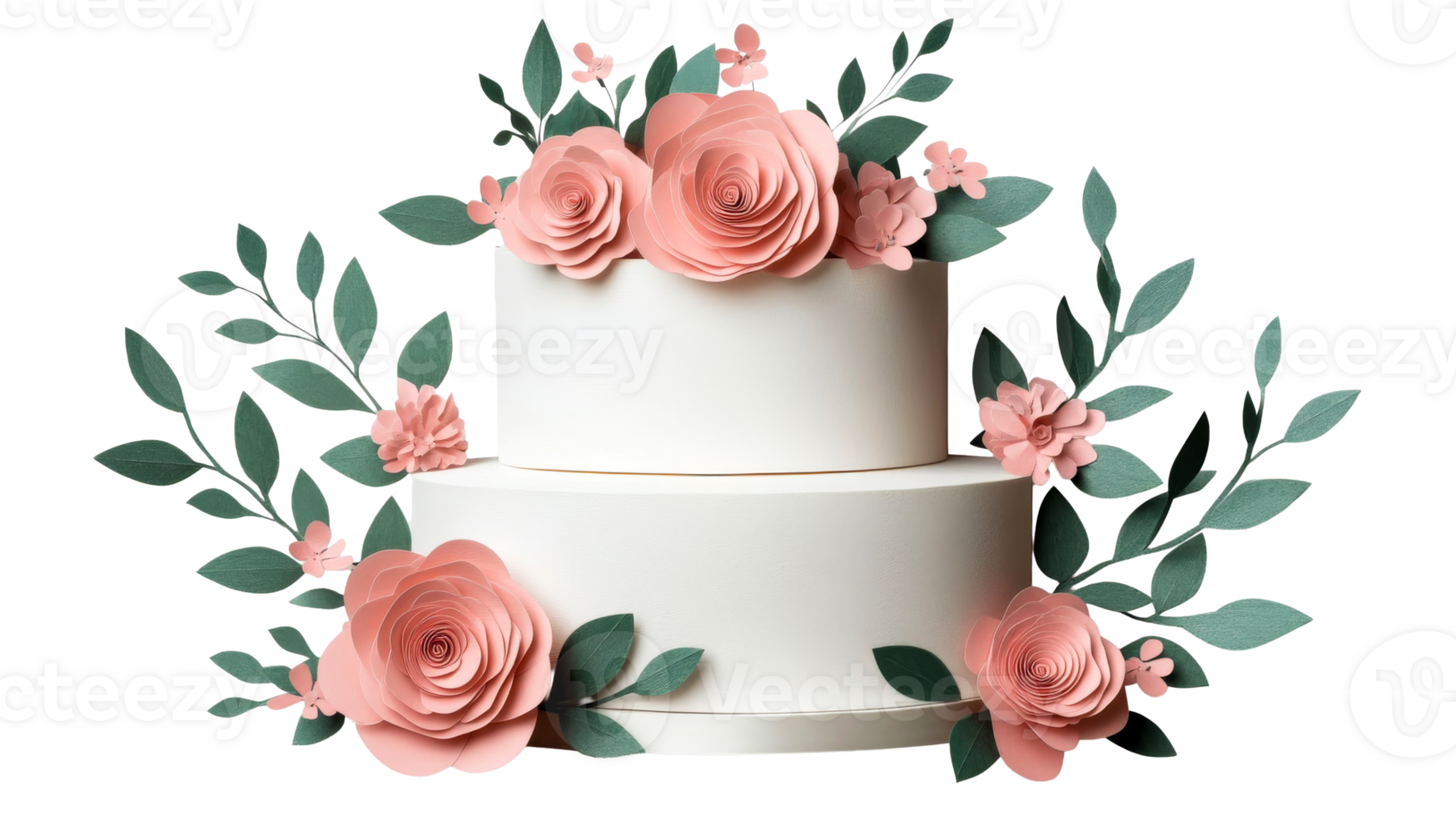 Elegant two-tiered cake with peach flowers and greenery, cut out transparent png