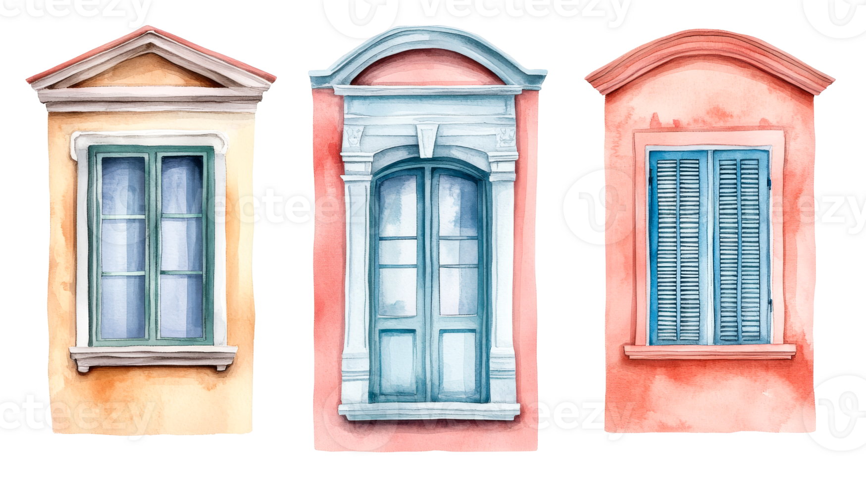 Windows with architectural details and shutters watercolor style, cut out transparent png